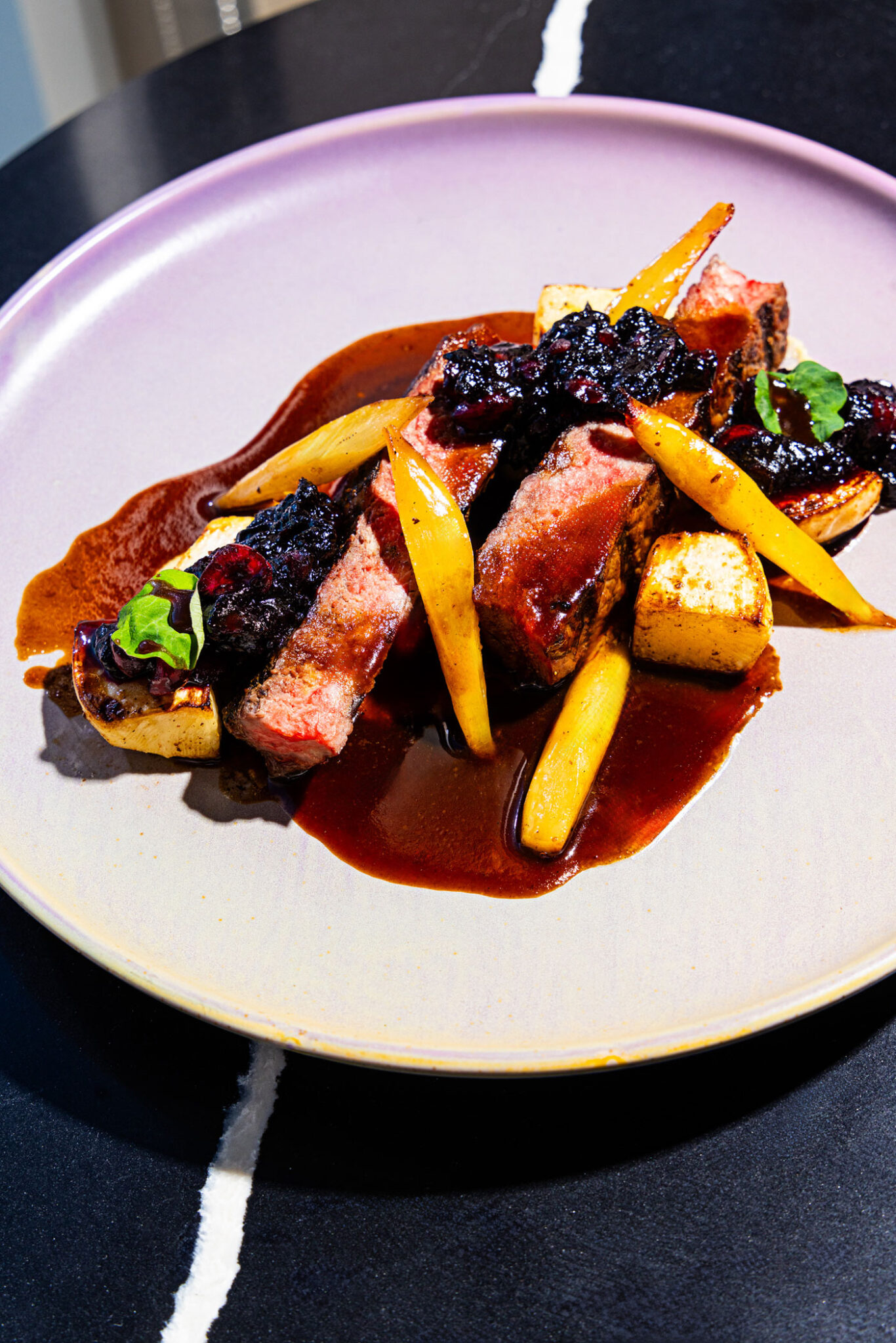 Fort Macleod bison two ways, with haskap berries and hazelnut. 