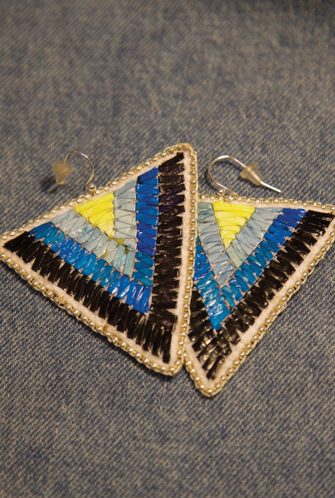 Blue, yellow and black quillwork earrings.