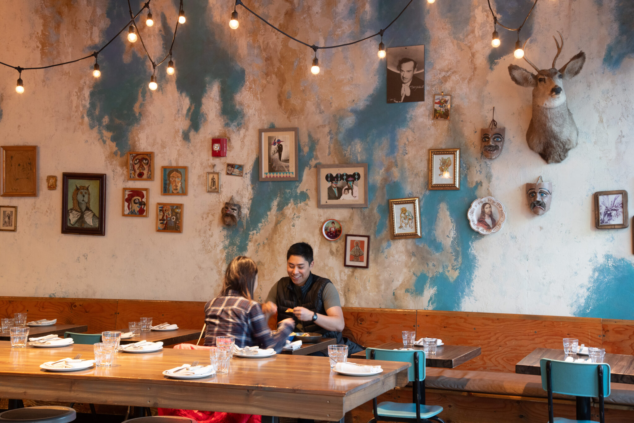 Colourful interior of the Mexican restaurant Native Tongues Taqueria. 