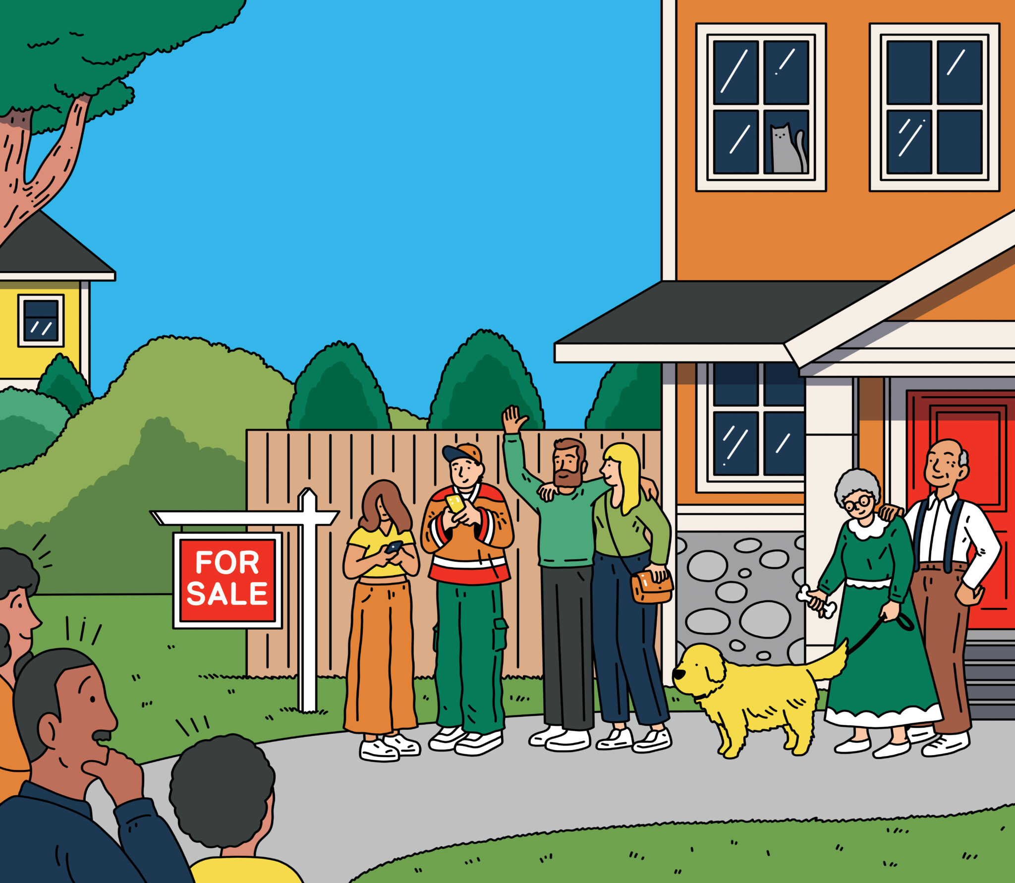 Colourful illustration with multi-generational family in front of a house.