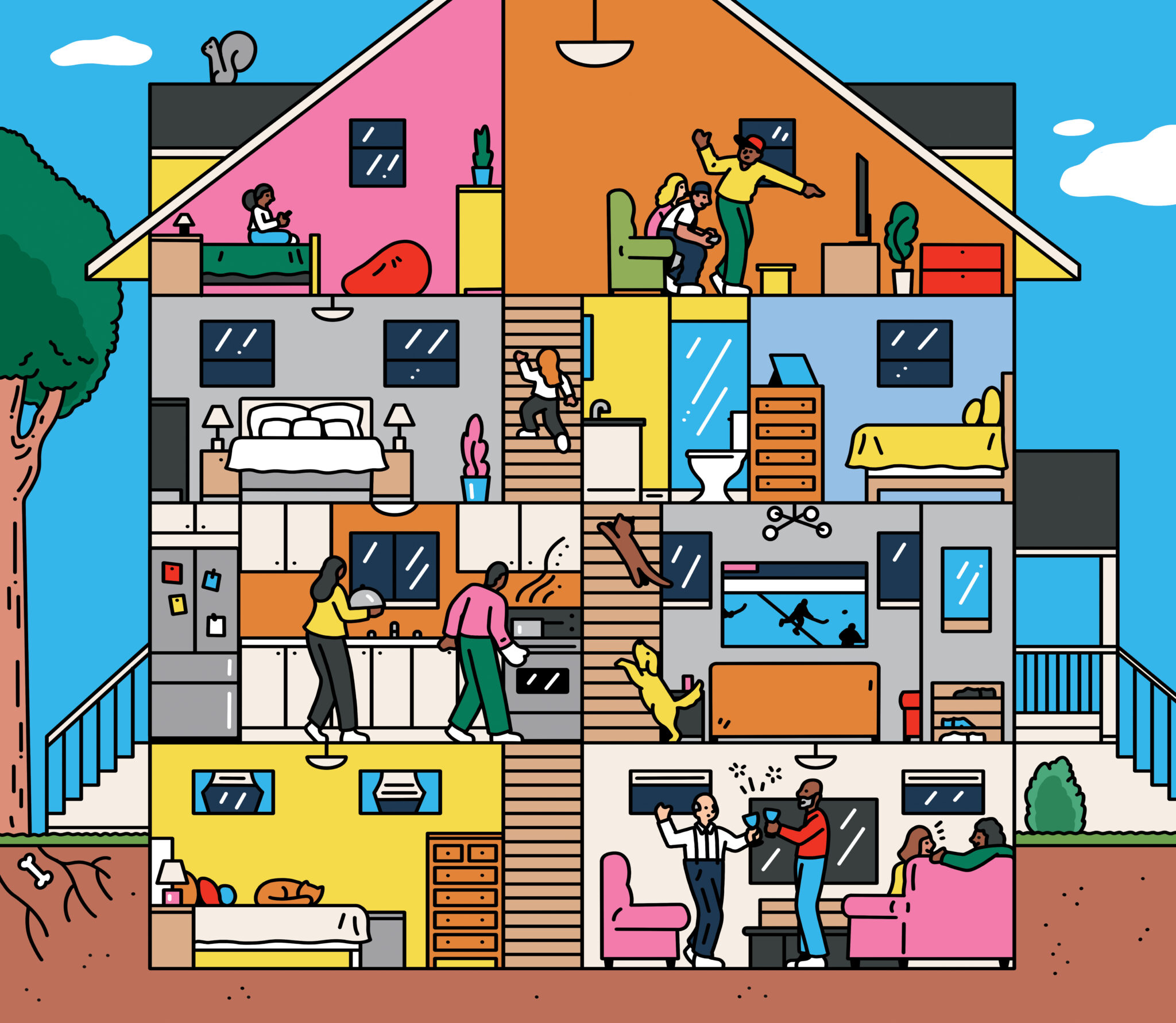 Colourful illustration of a big house and many rooms with several family members in the house.