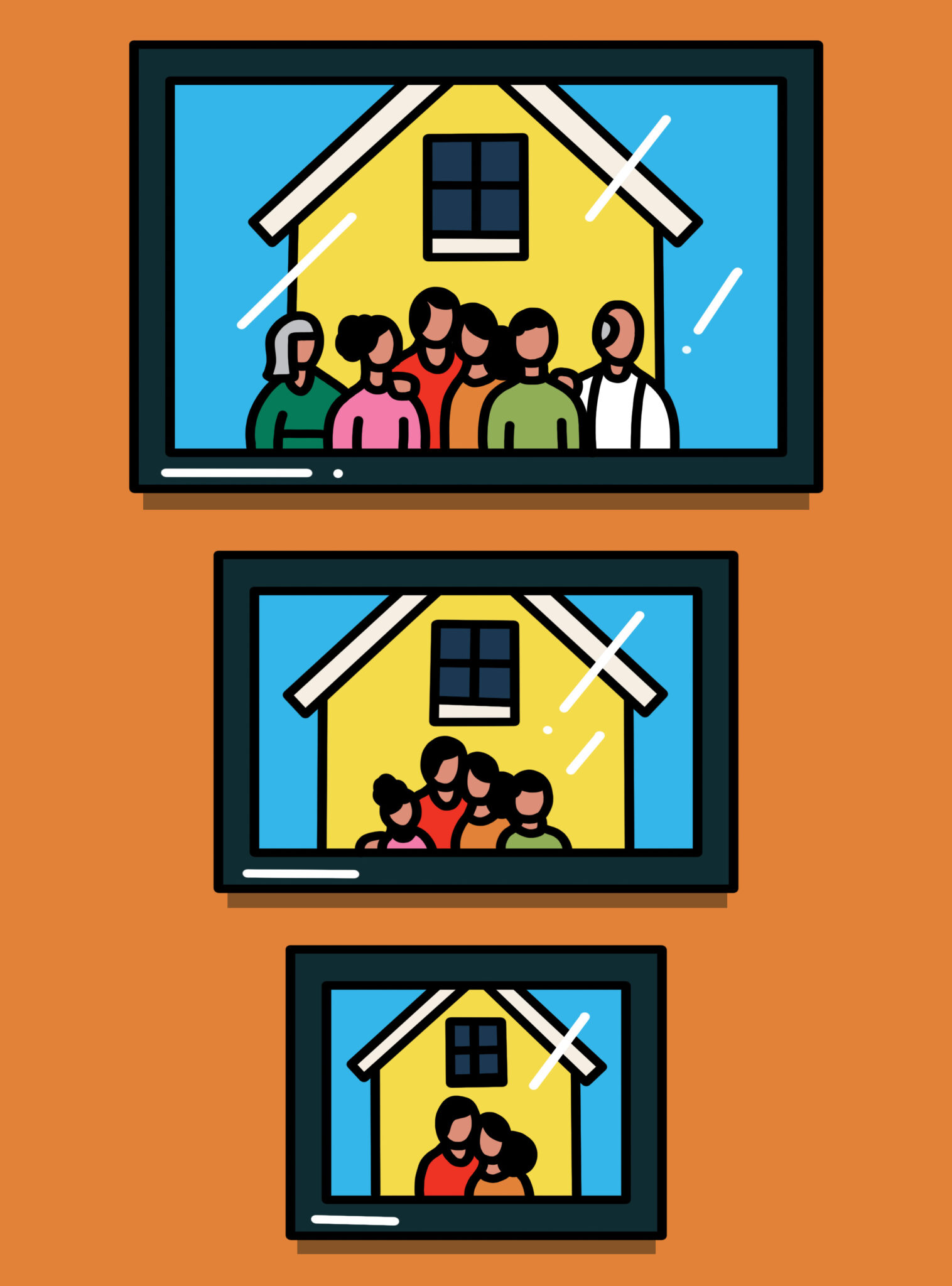 Colourful illustration with picture frames displaying family members.