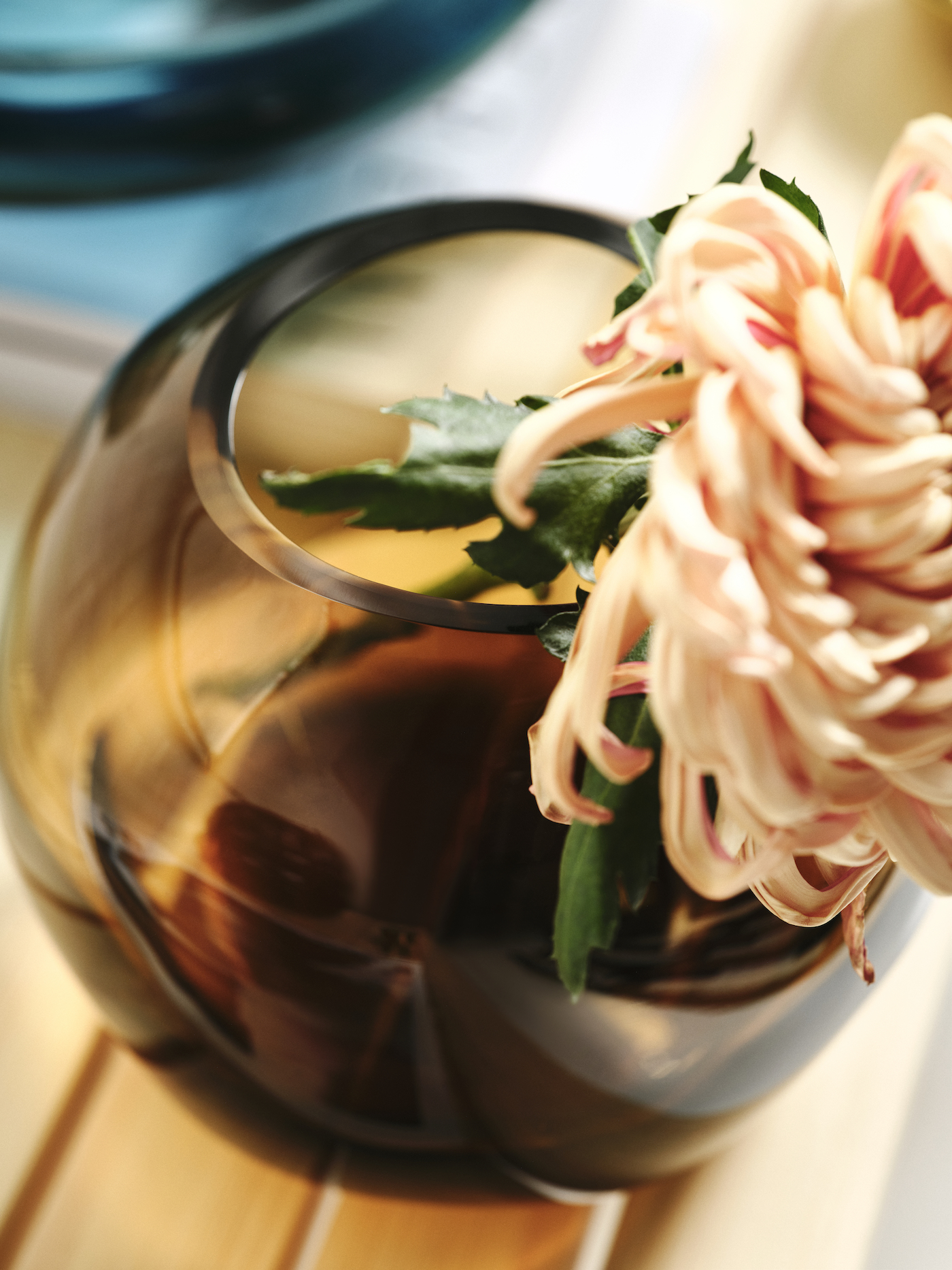 A clear, brown glass vase with a pink flower in it