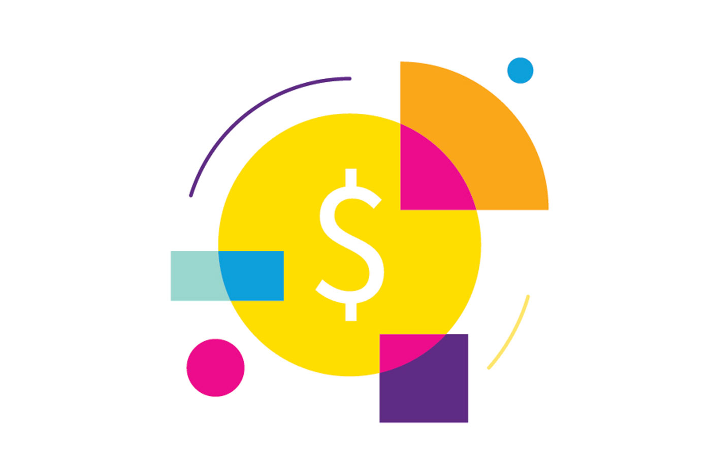 Colourful illustration with a dollar sign emblem and abstract shapes.