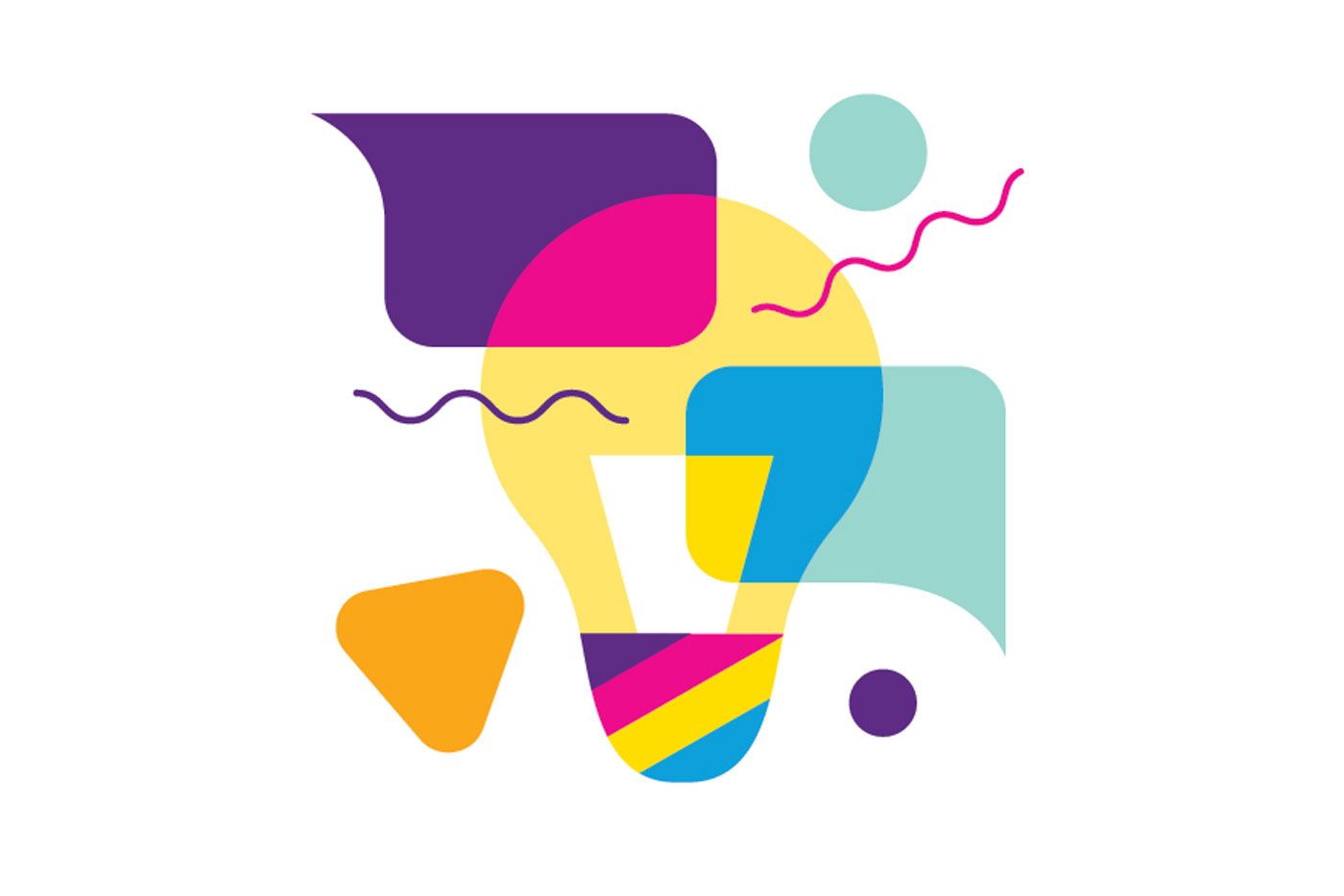 Colourful illustration with a lightbulb and abstract shapes.