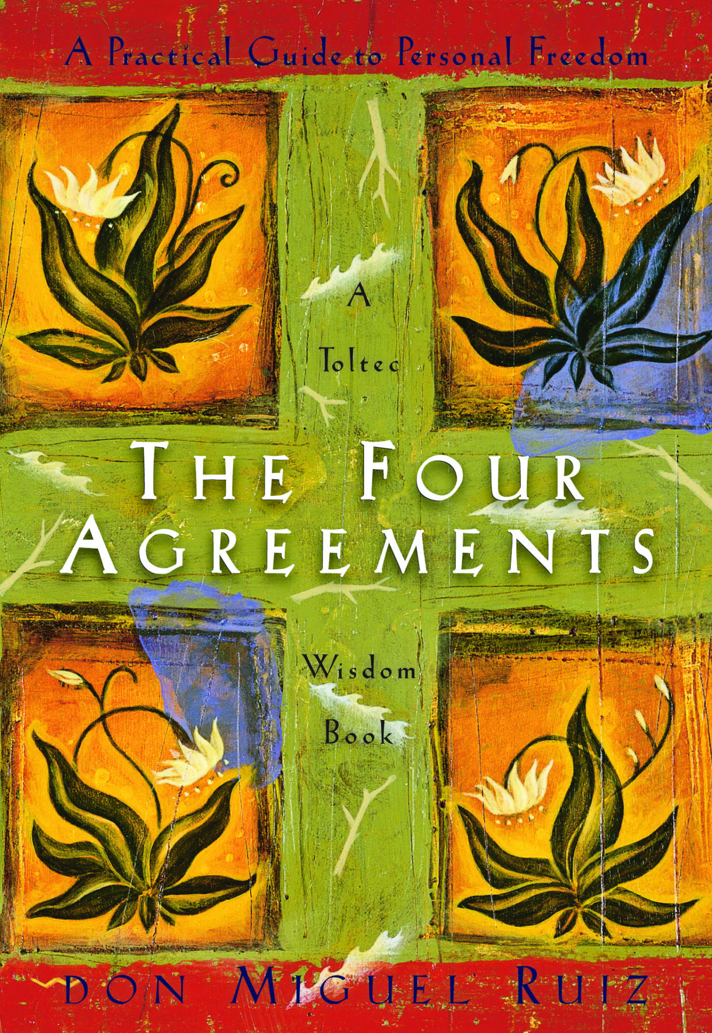 The Four Agreements book cover with four illustrated plants on it.