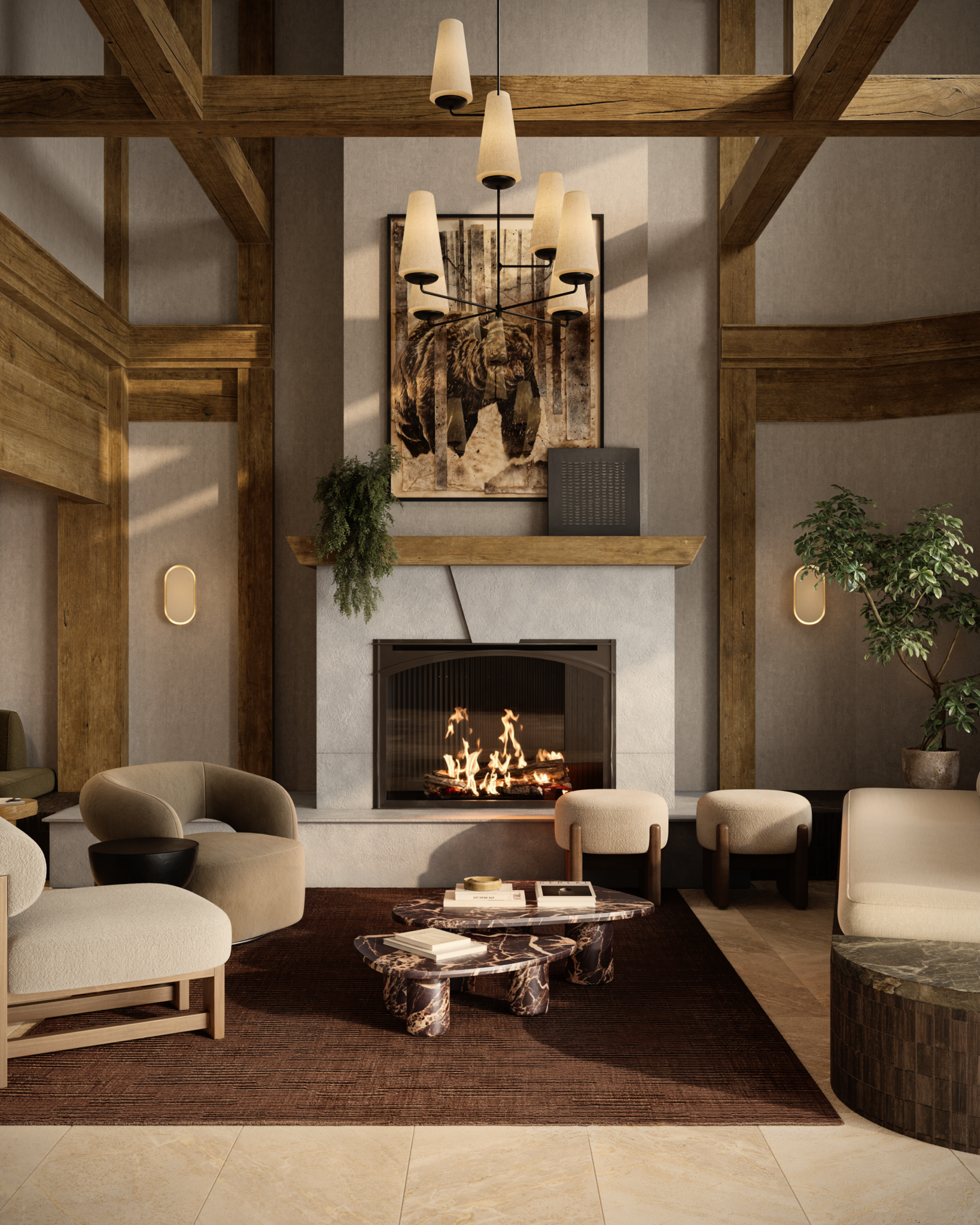 A photo rendering of a hotel lobby with beige furniture and wood accents.