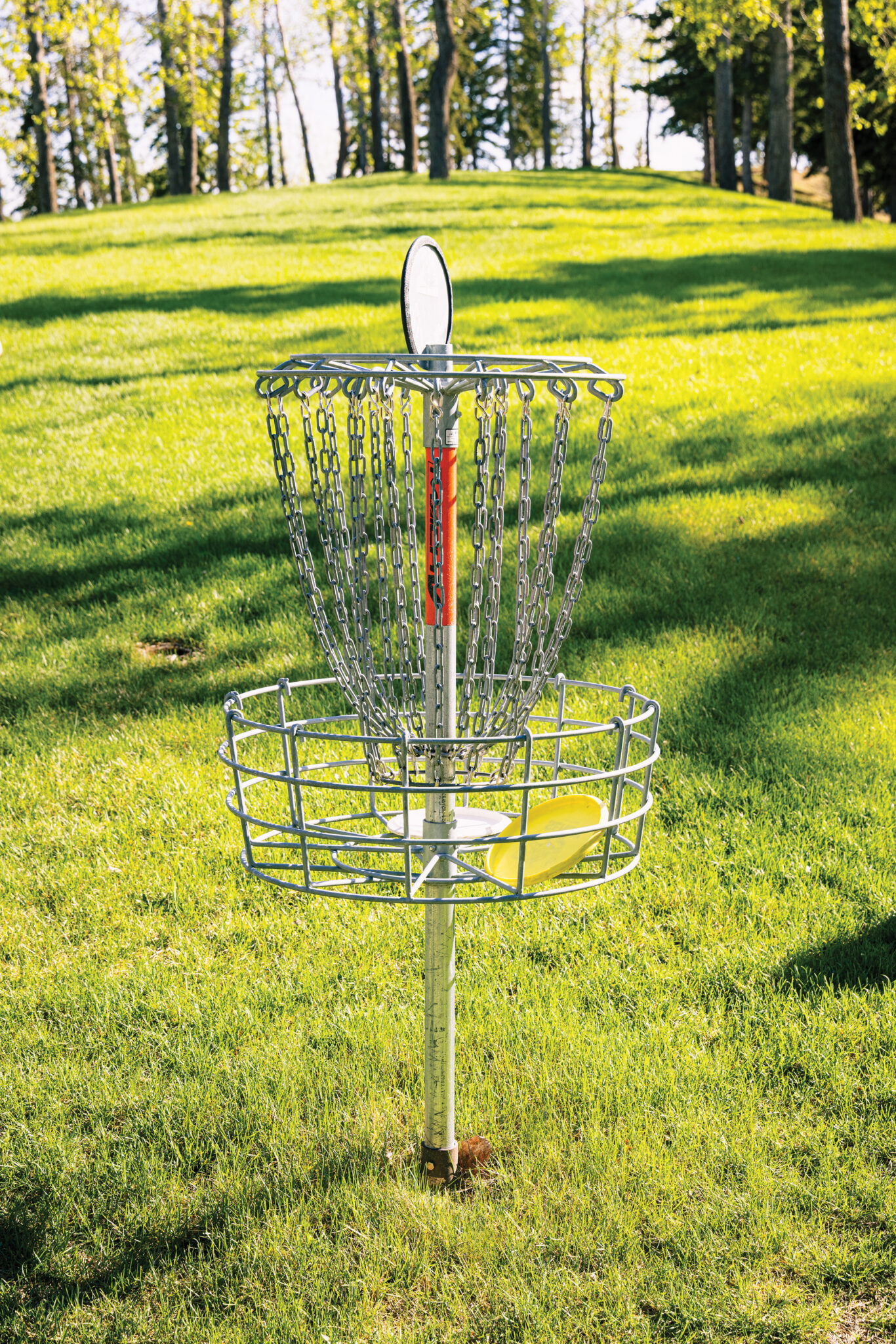A disc golf net in a park.