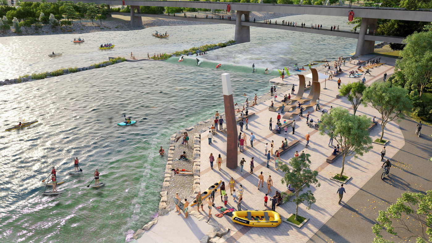 A rendered image of a wave park.