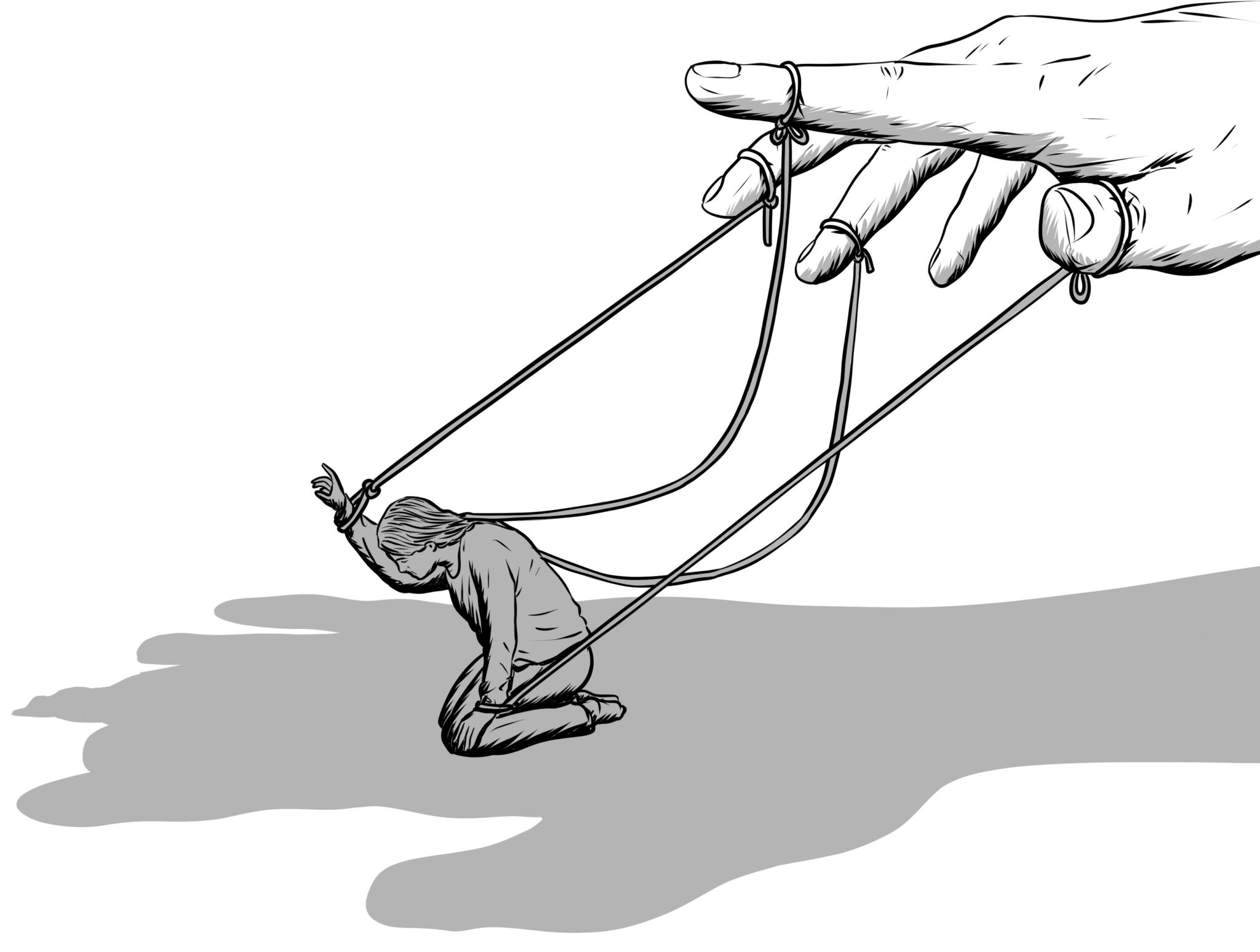 An illustration of a hand pulling strings to control a woman.