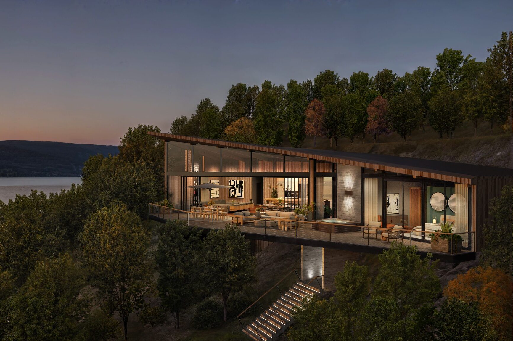 Photo rendering of a home surrounded by trees in the mountains.