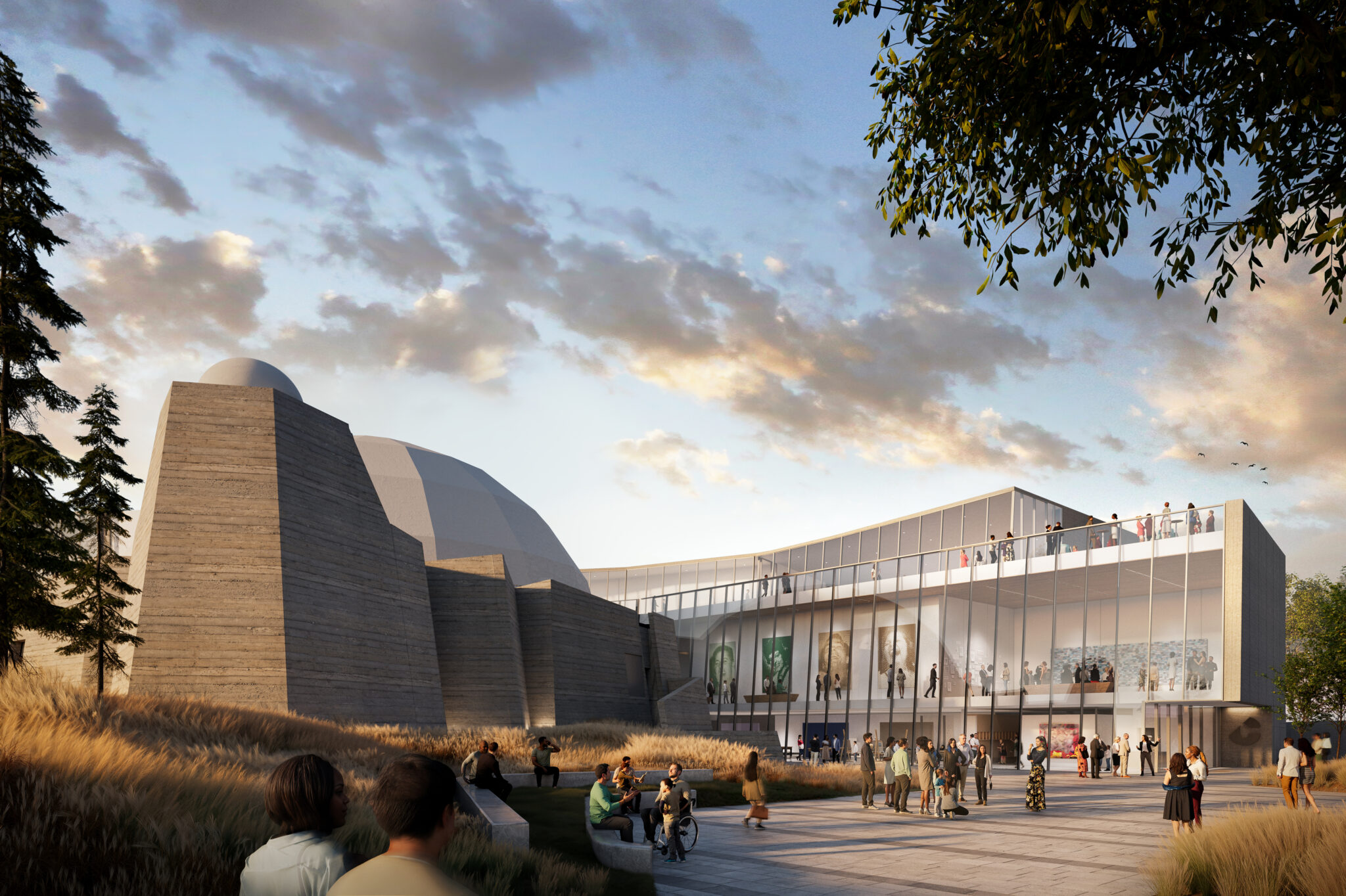 A photo rendering of a large art museum during the daytime.