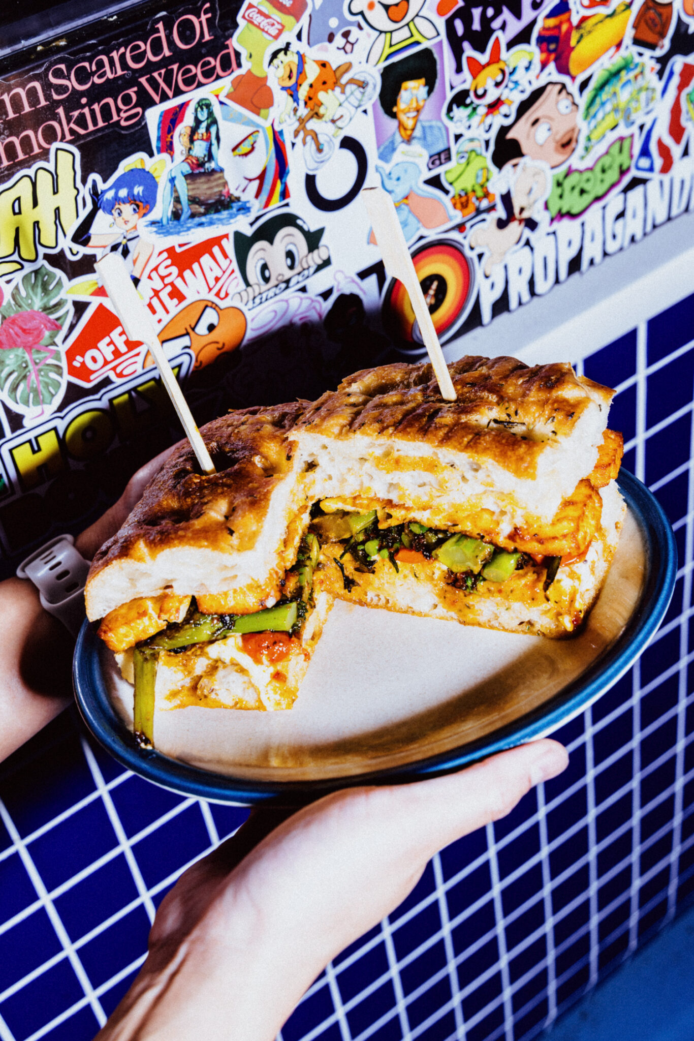 Two hands hold a plate with a sandwich.