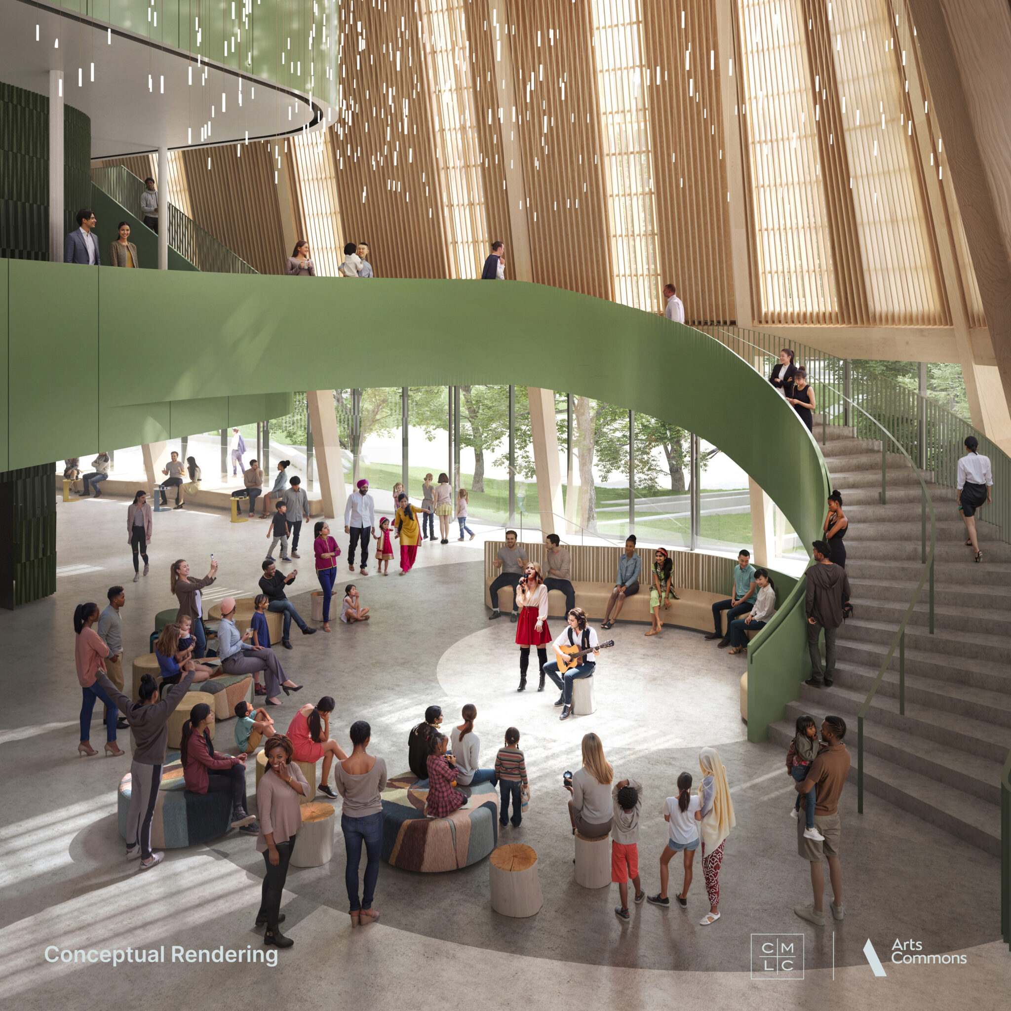 A photo rendering of a lobby with a winding staircase and people gathered to watch a performance.