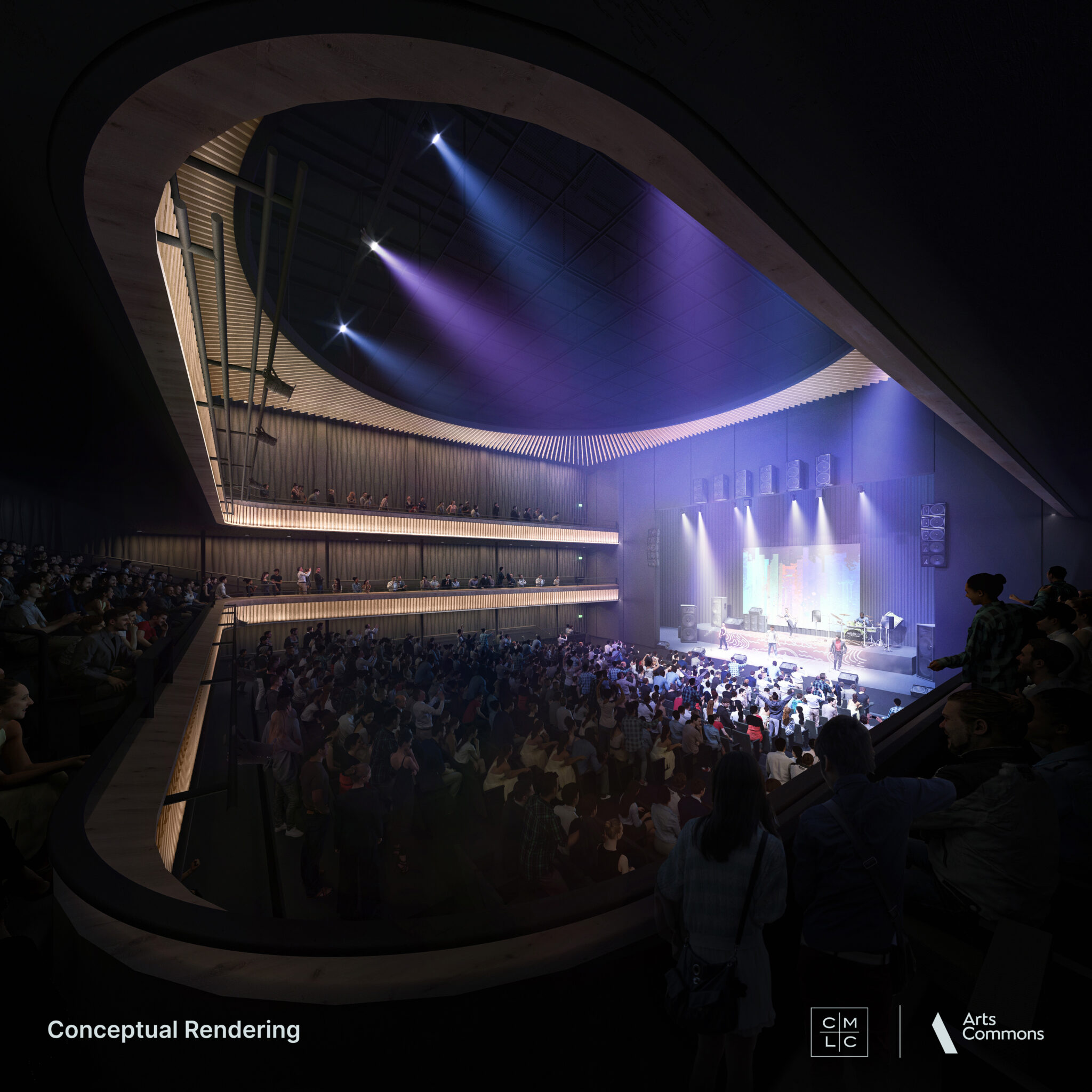 A rendering of a multi-storey theatre with an audience facing the stage to watch a performance.