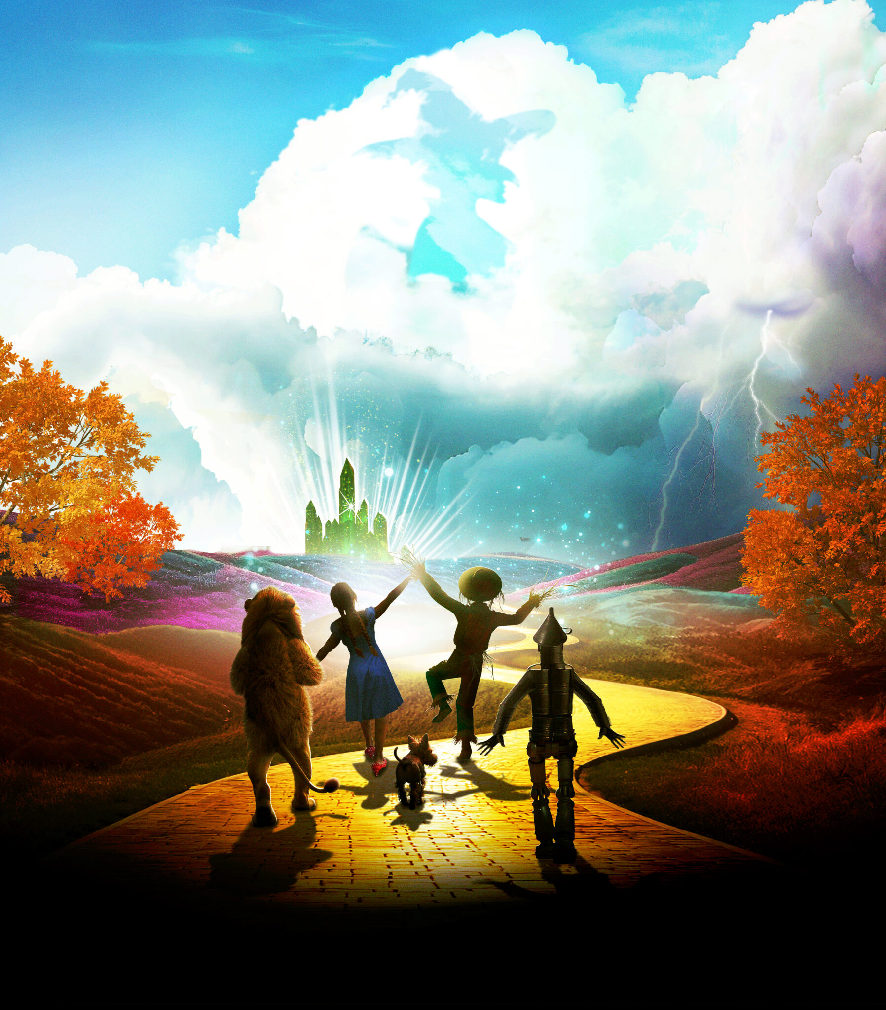 A colourful illustration of four silhouettes prancing towards a green palace in the distance.