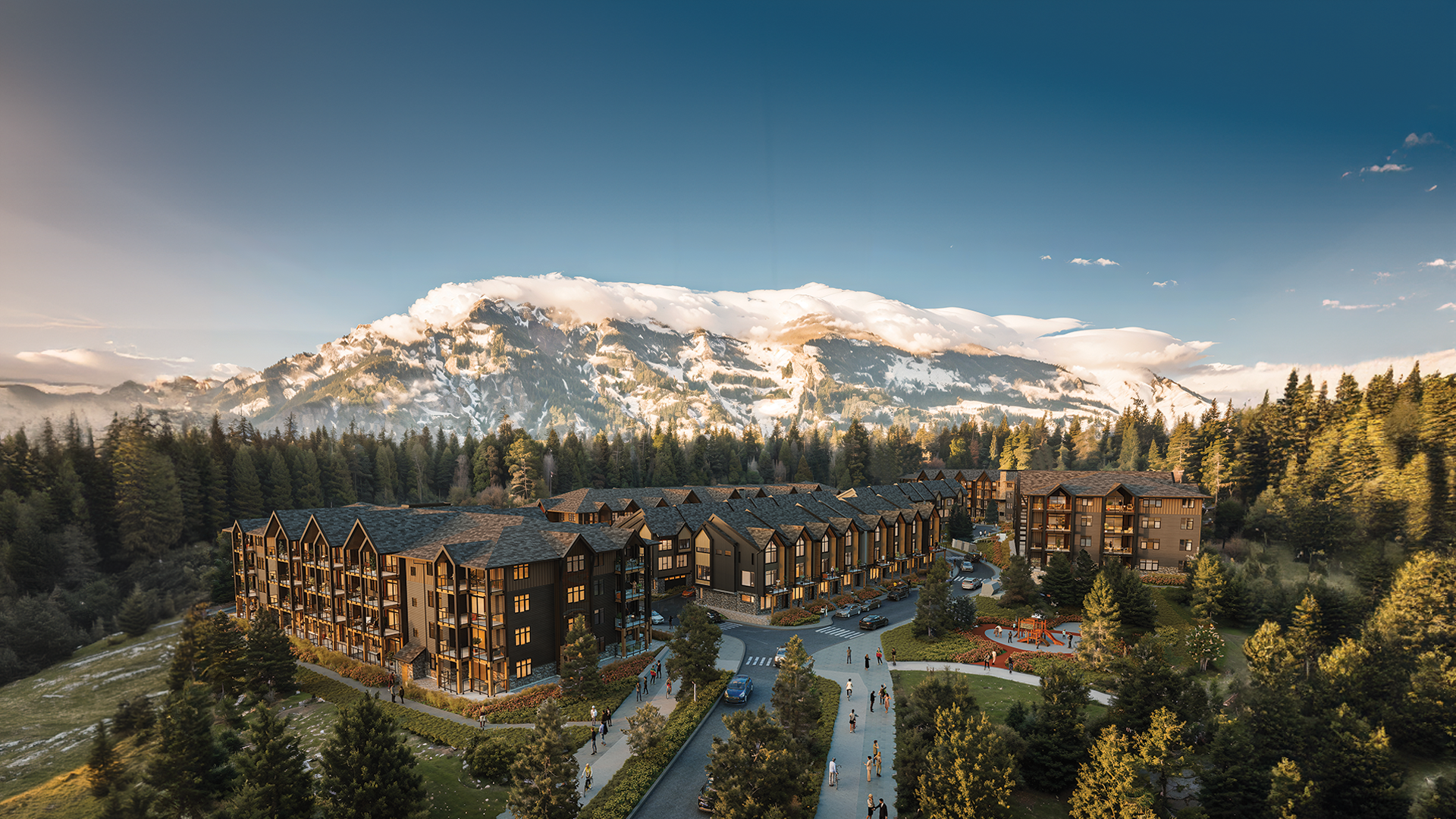 A photo rendering of a development against a mountain landscape.