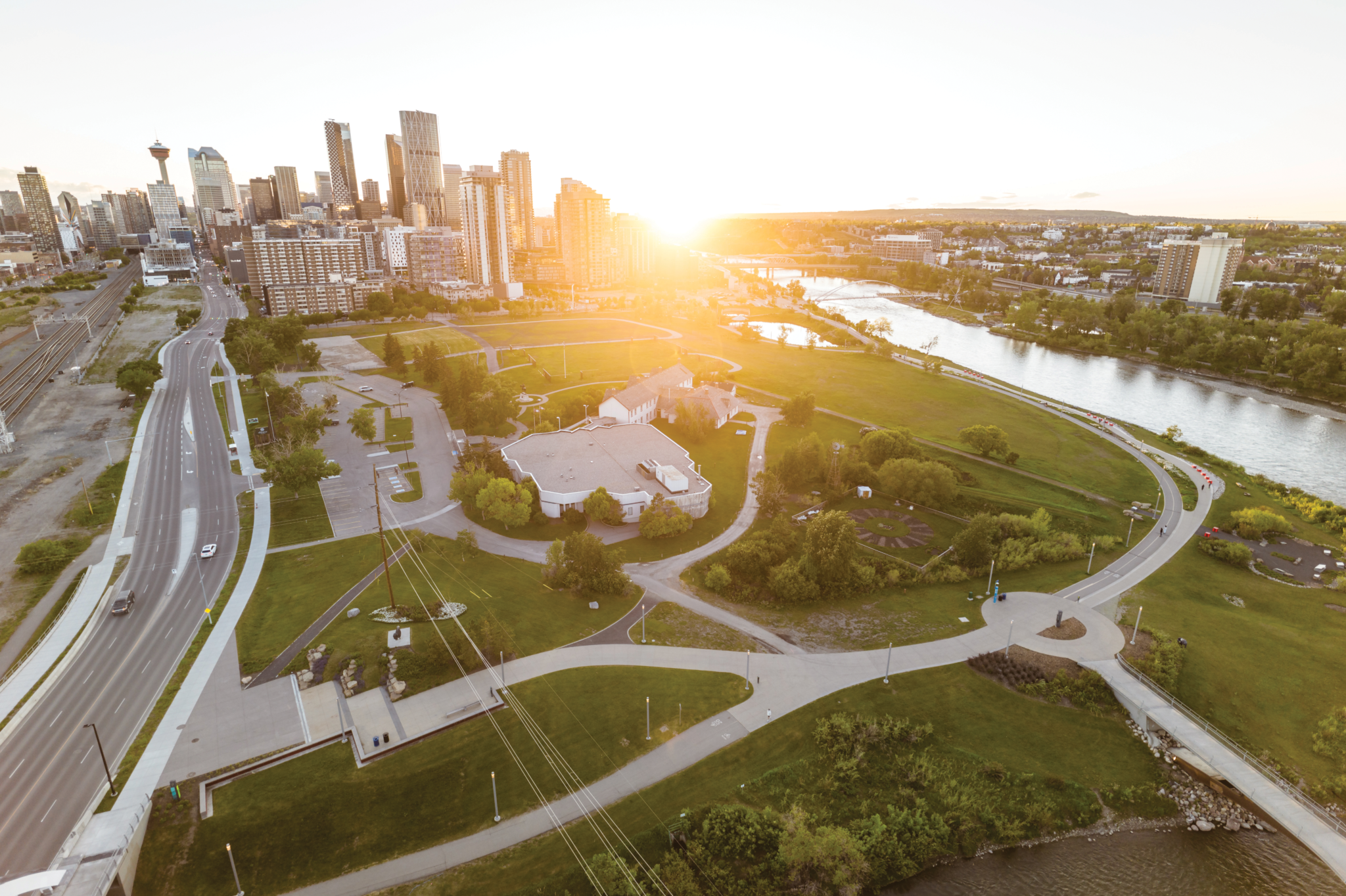 An aerial shot of a city skyline.