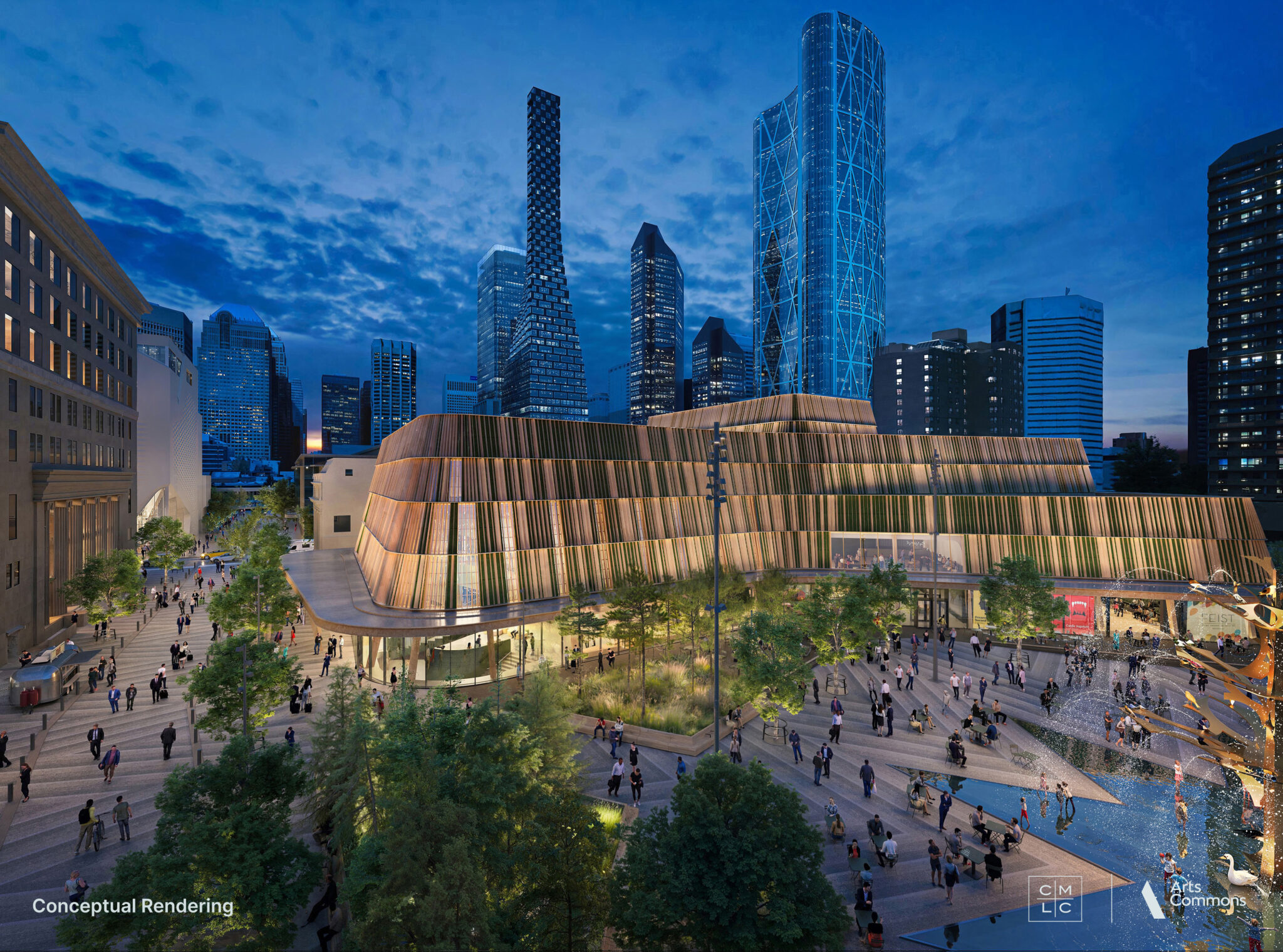 A photo rendering of a large, brightly lit arts building at night with people scattered throughout the area. 