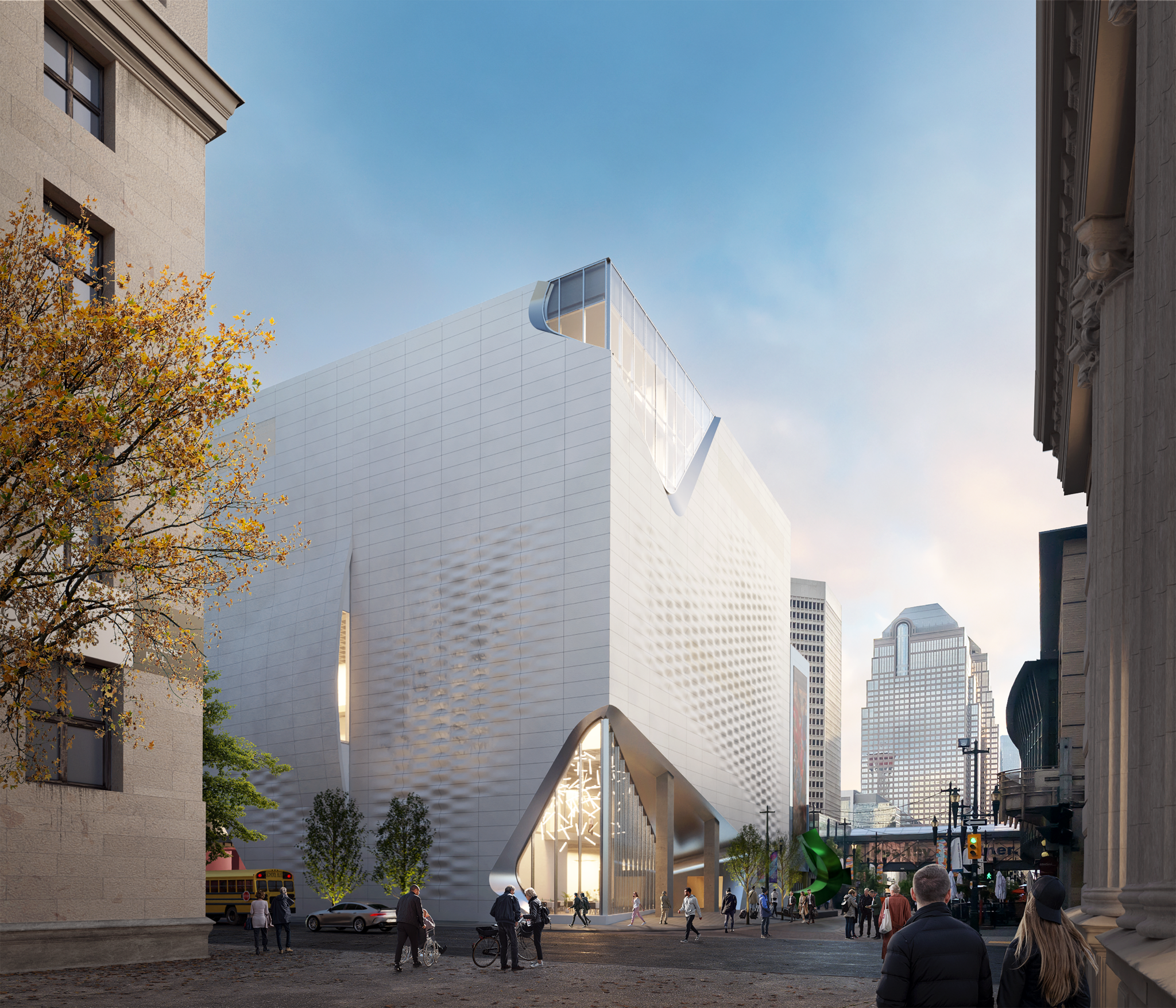 A photo rendering of a modern arts building in an urban downtown area with people walking on the nearby sidewalk.