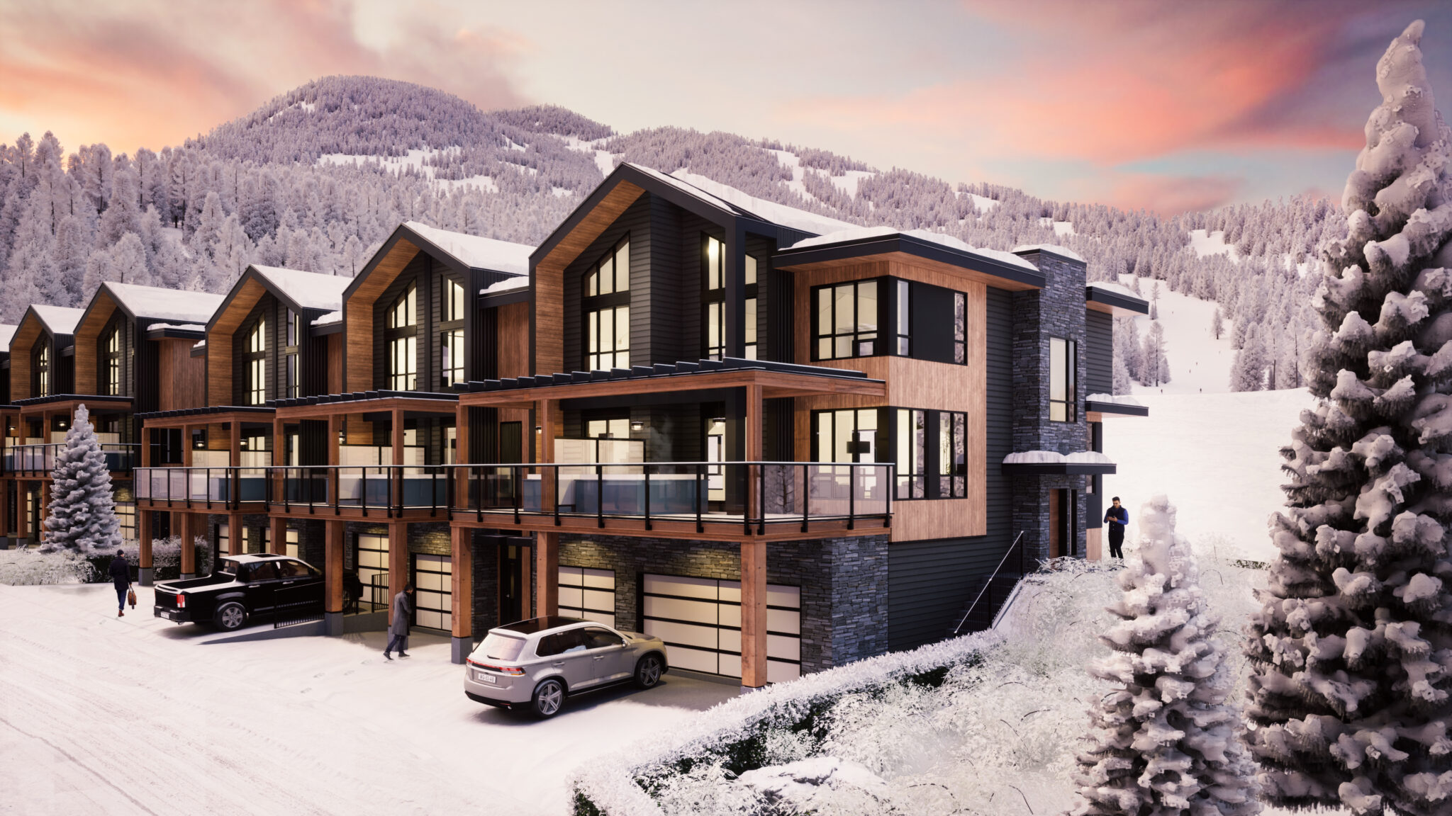 A photo rendering of townhomes in the snowy mountains.