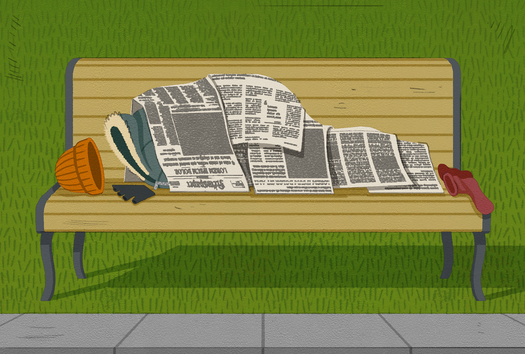 An illustration of a silhouette on a park bench blanketed in newspaper.