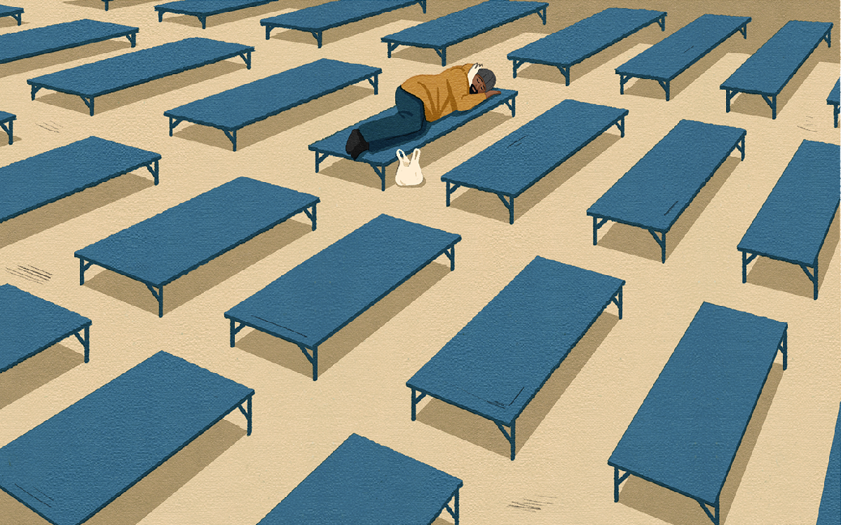 An illustration of a man lying on a cot in a room filled with empty cots.