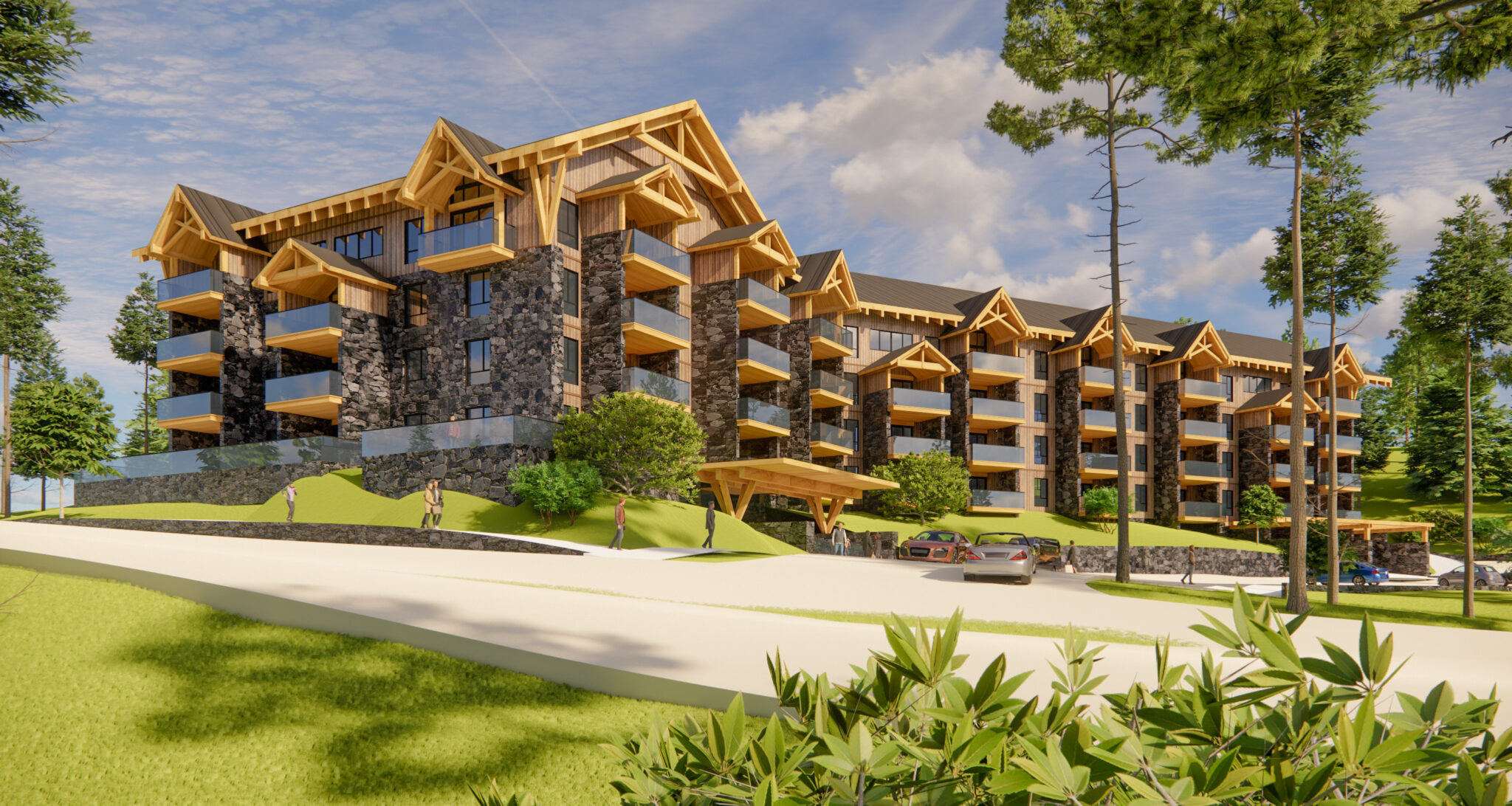 A photo rendering of the exterior of a residential development in the mountains.