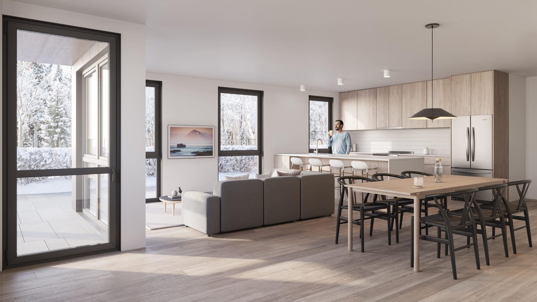 Photo rendering of a man standing in a kitchen and living room area.