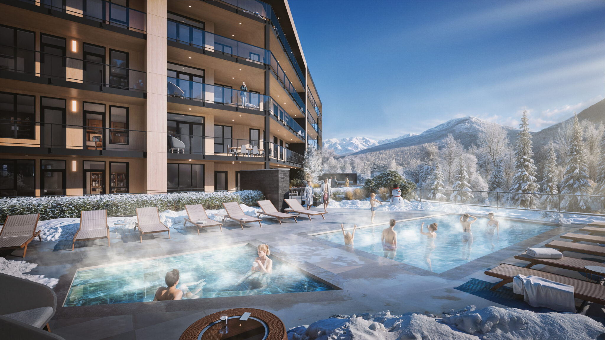 A photo rendering of people enjoying a heated pool outside a development in the mountains.