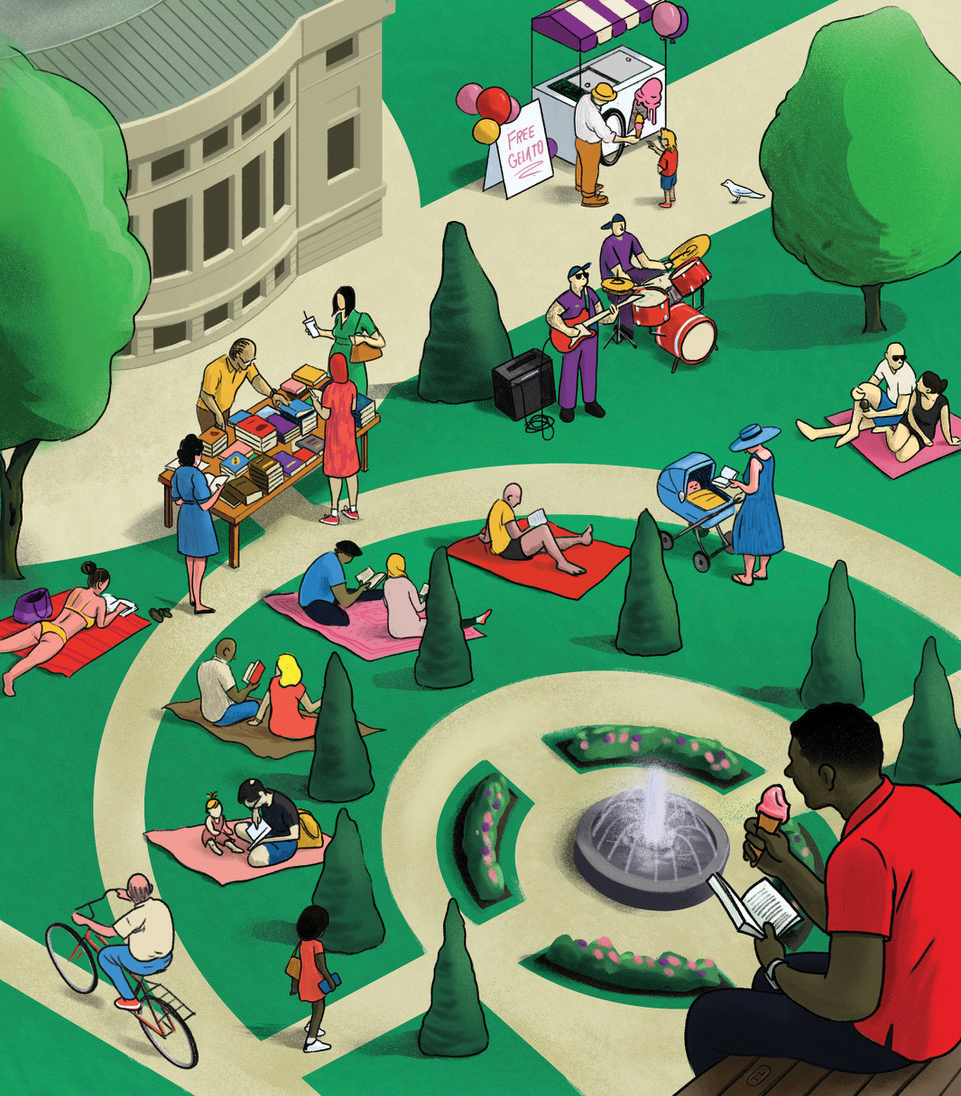 An illustration of people in a park reading, lounging and hanging out.