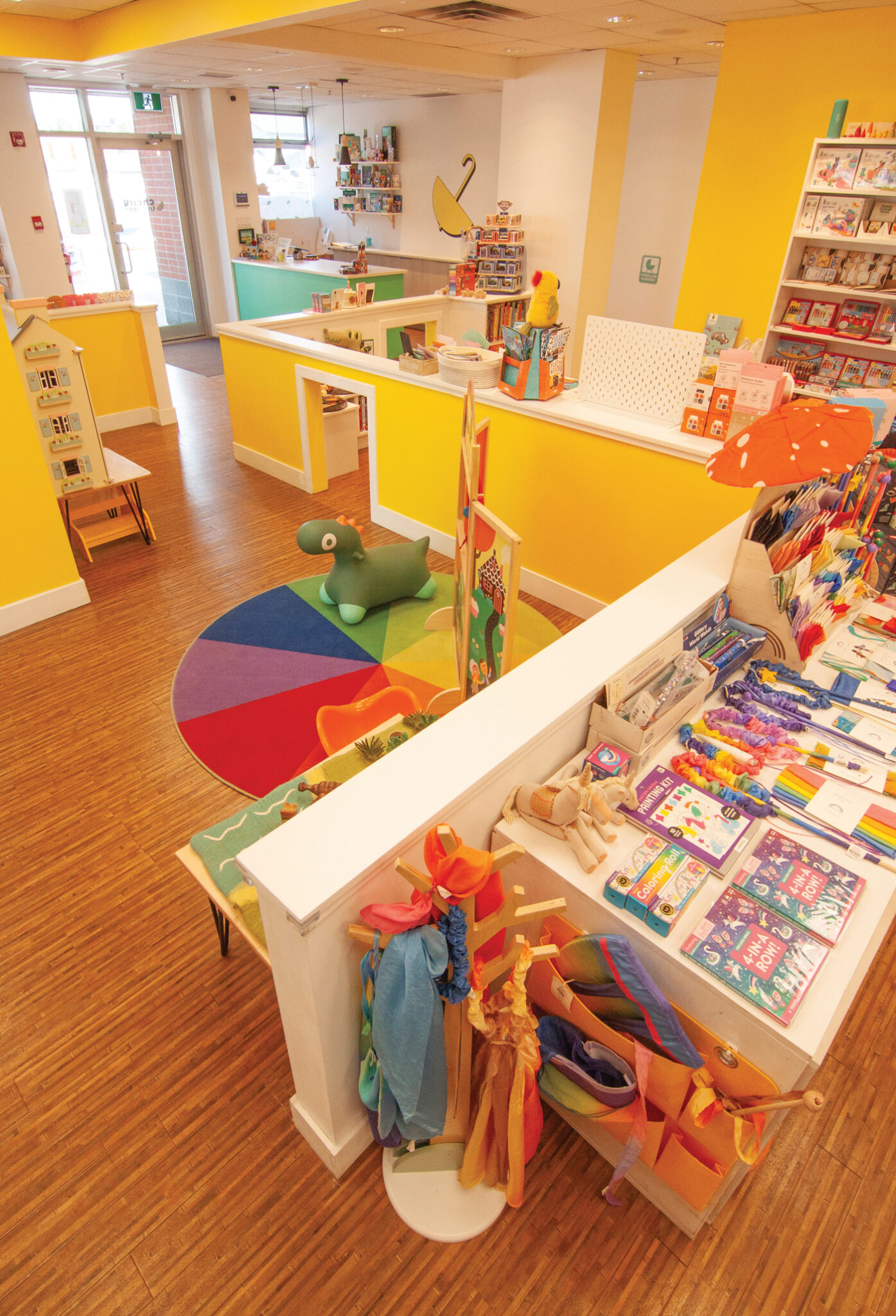 A toy shop with yellow walls