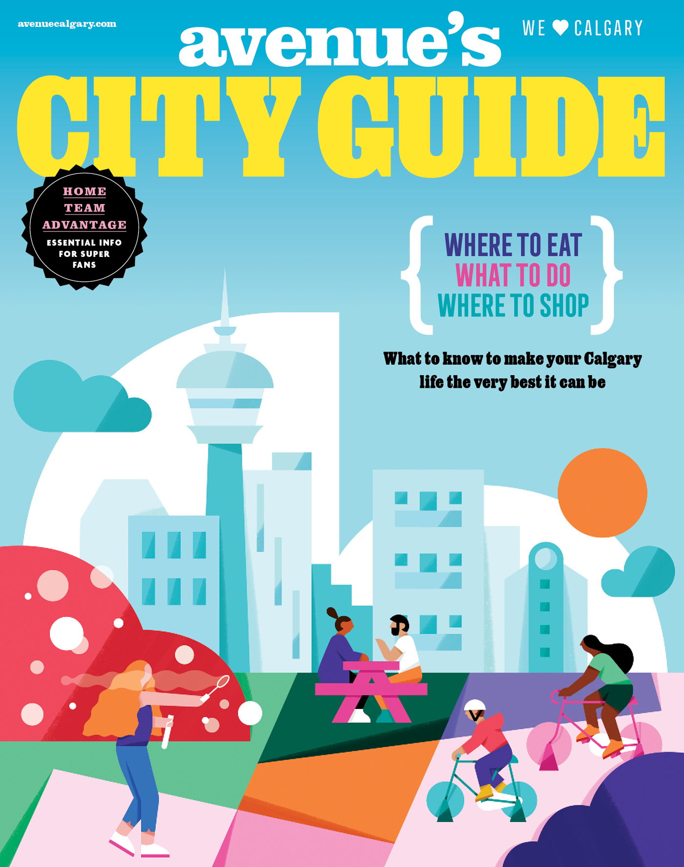 An illustration of a magazine cover showing people enjoying life in Calgary