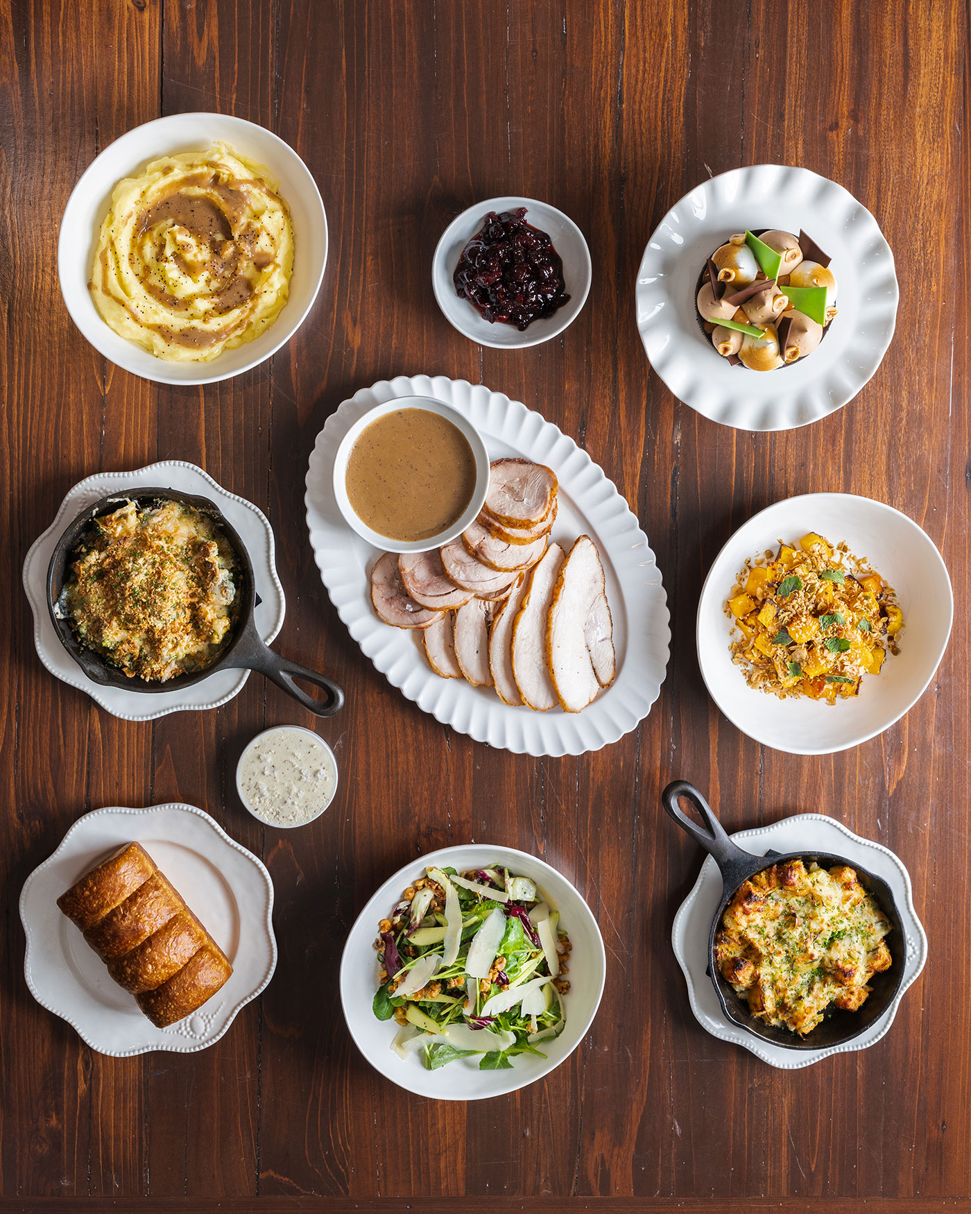 A holiday meal sits on a table.