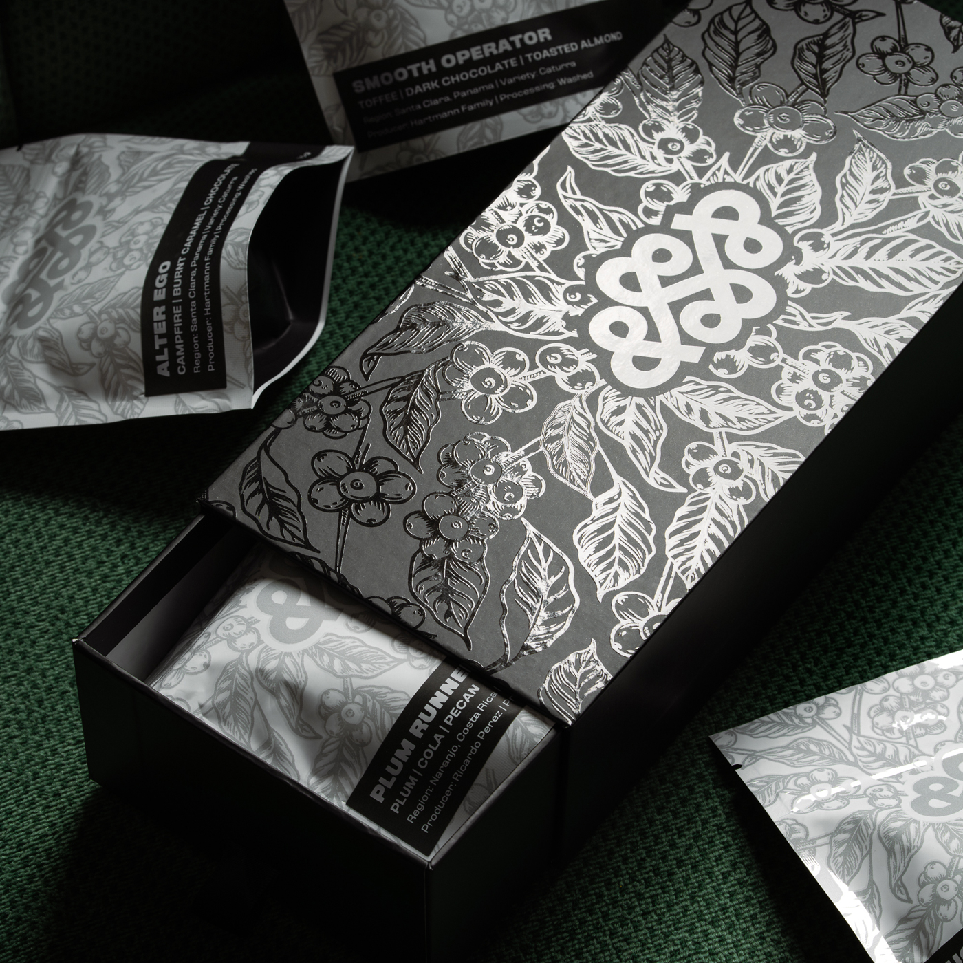 A black box filled with bags of coffee