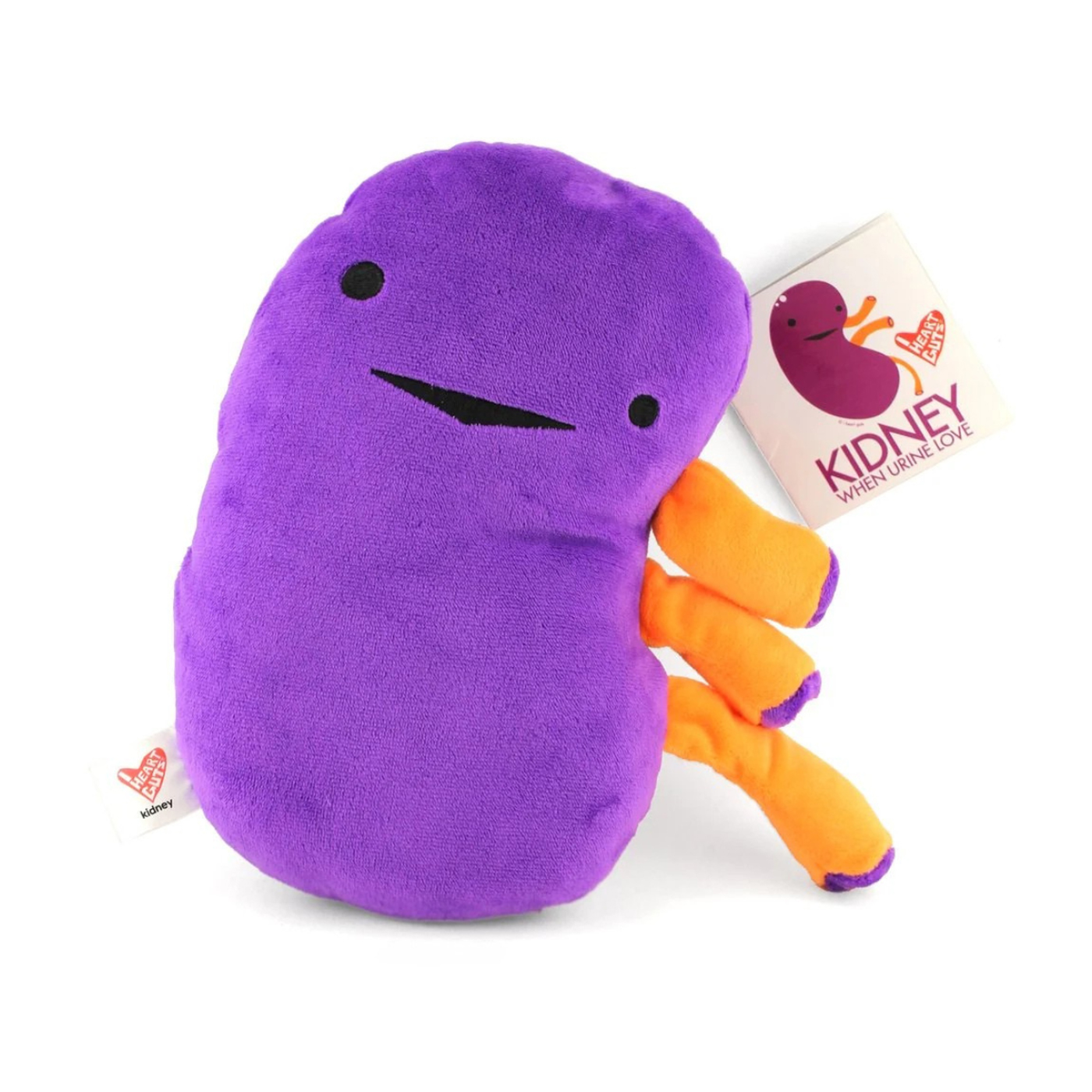 A purple and orange stuffed toy shaped like a kidney