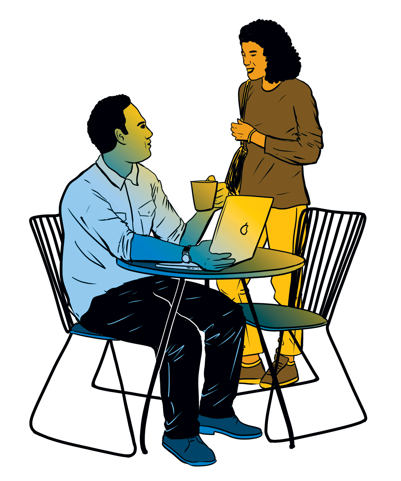 An illustration of a woman talking to a man sitting at a table