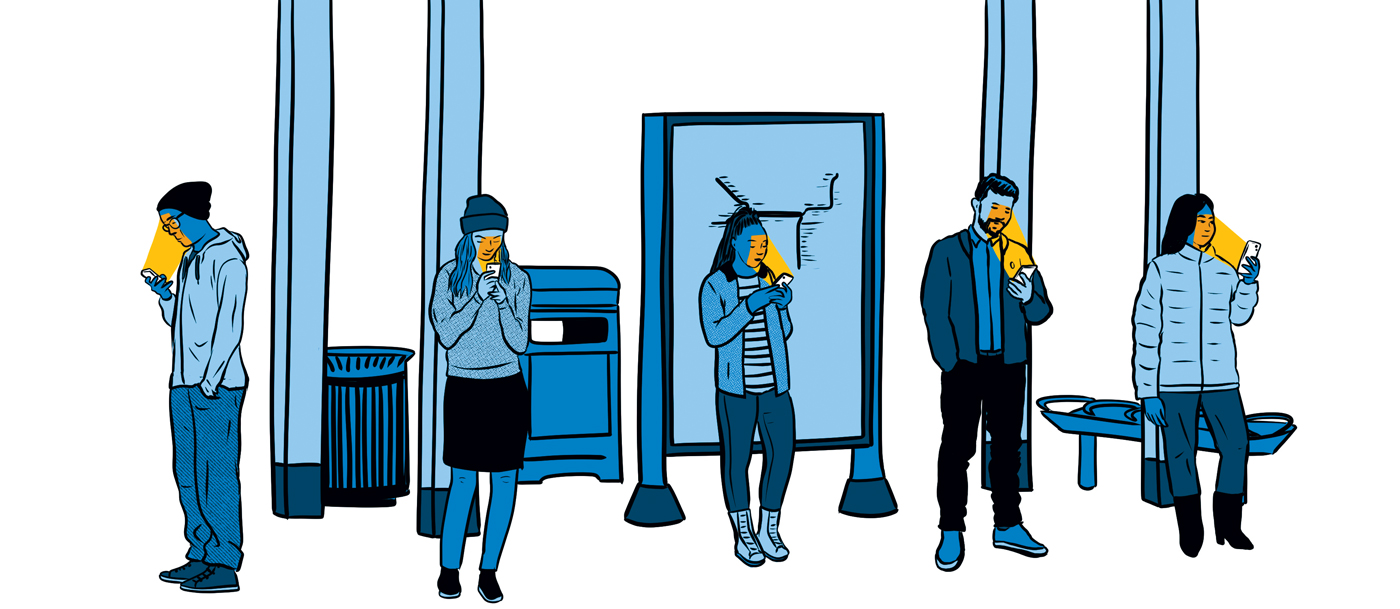 An illustration of five people standing beside each other looking at their phones