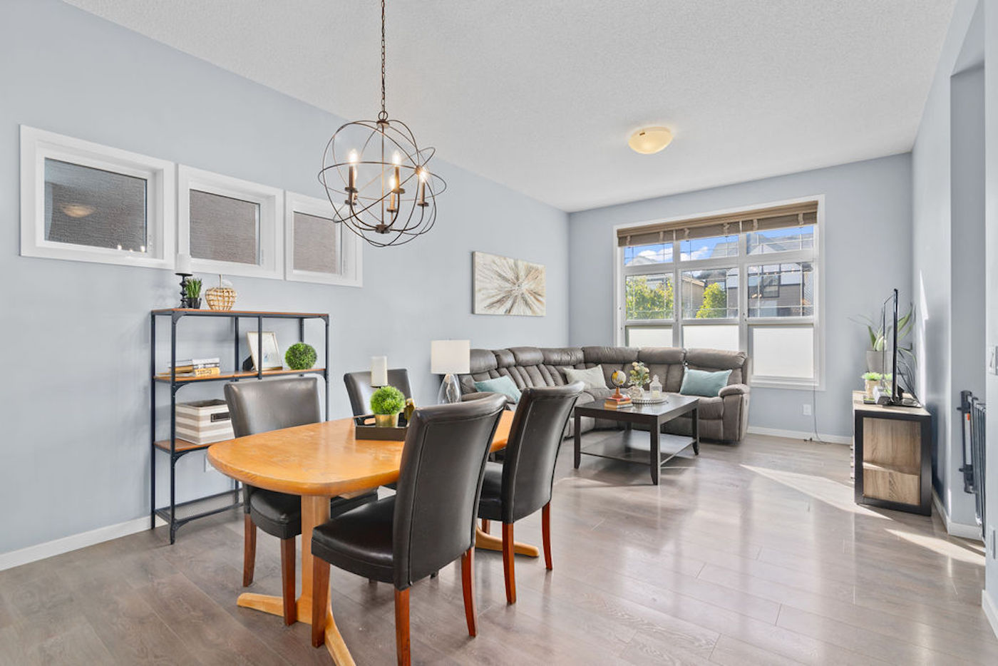 A dining room and living room