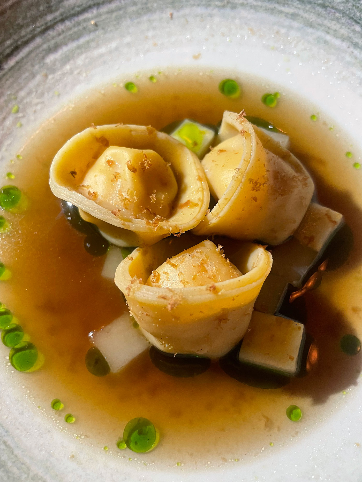 Pasta sits in a bowl of broth.