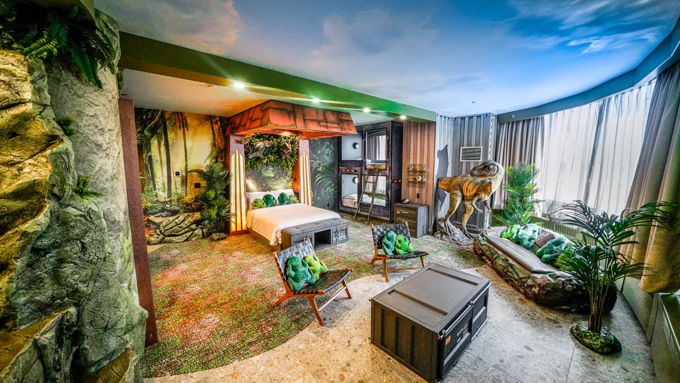 A dino-themed hotel room