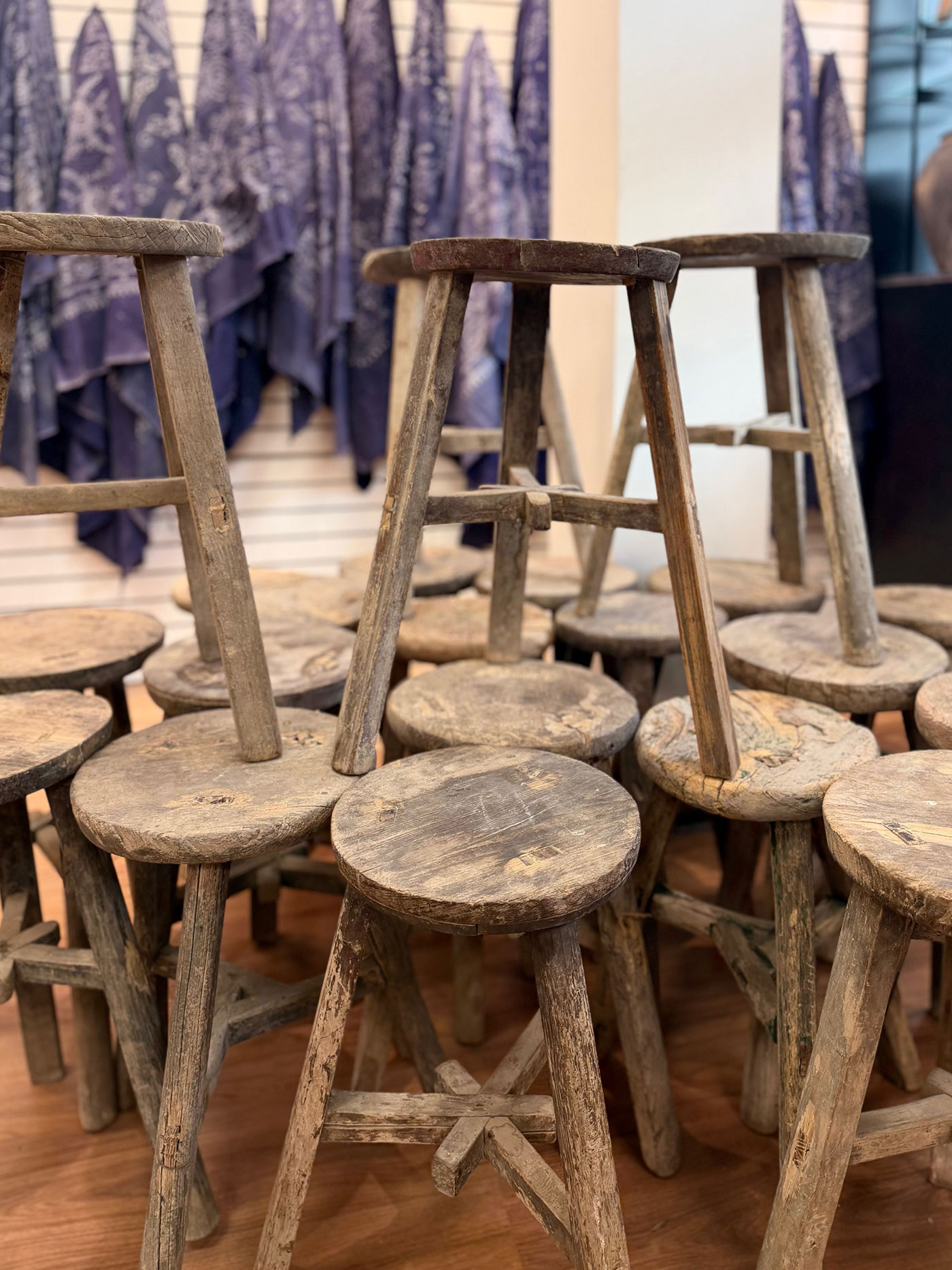 A selection of stools made of elm wood.
