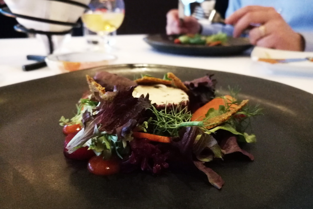 The next course featured cashew “cheese” rolled in dehydrated olives, raw vegan flatbread made with flax seed, pickled beets and carrots, micro greens and roasted red pepper spicy kimchi dollops (which should be bottled and sold it was so good).