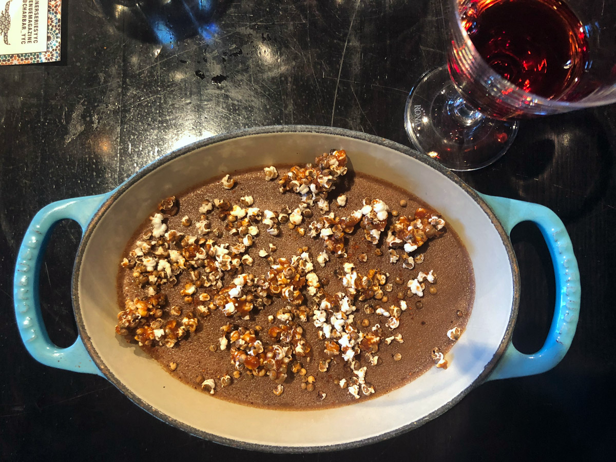 For the finale, a spiced dark chocolate pudding topped with popped caramel grains was served.