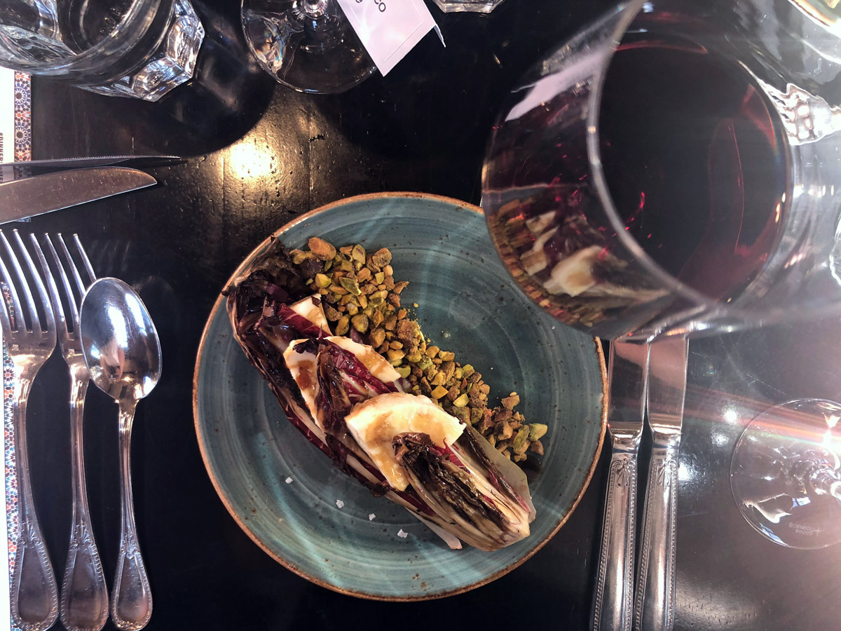 The second course was a grilled Italian radicchio salad with local fior di latte cheese topped with a sherry reduction, crunchy pistachios and olive oil.Â