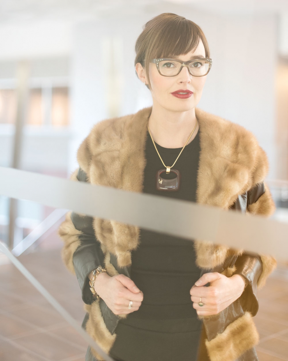 Dress from Oak + Fort; necklace purchased on Ebay; rings are vintage; Prada eyewear.