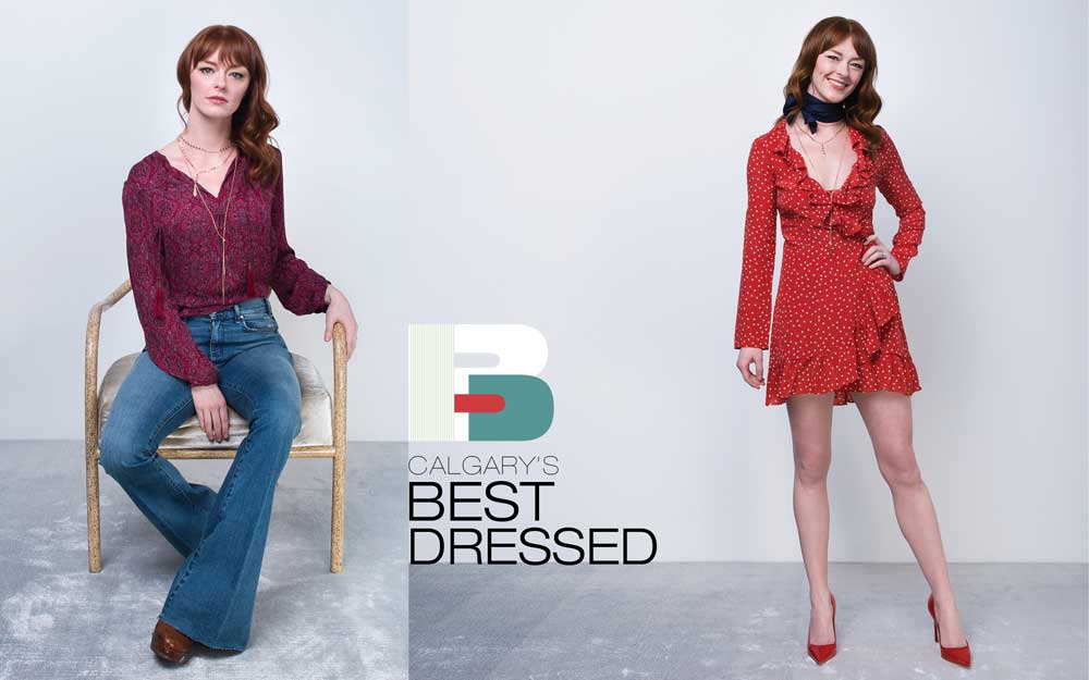 LEFT: Joie blouse from Coco and Violet; jeans by McGuire; platform clogs by Lauren Ralph Lauren; jewellery from various retailers, including Hudson’s Bay, CoutuKitsch, Nordstrom, and pieces purchased in Kazakhstan.RIGHT: Dress by Réalisation; neck tie from Holt Renfrew; Dior shoes from Holt Renfrew; jewellery from Hudson’s Bay and Nordstrom.