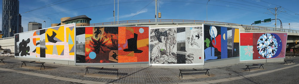 THESAMEWAYBETTER/READER, 2012, Venetian and Mexican glass smalti, granite and marble tesserae mosaic, 13' high x 110' long (4 m x 33.5 m) on five articulated panels.Commissioned by the Calgary Municipal Land Corporation; produced in collaboration with Franz Mayer of Munich (Germany).