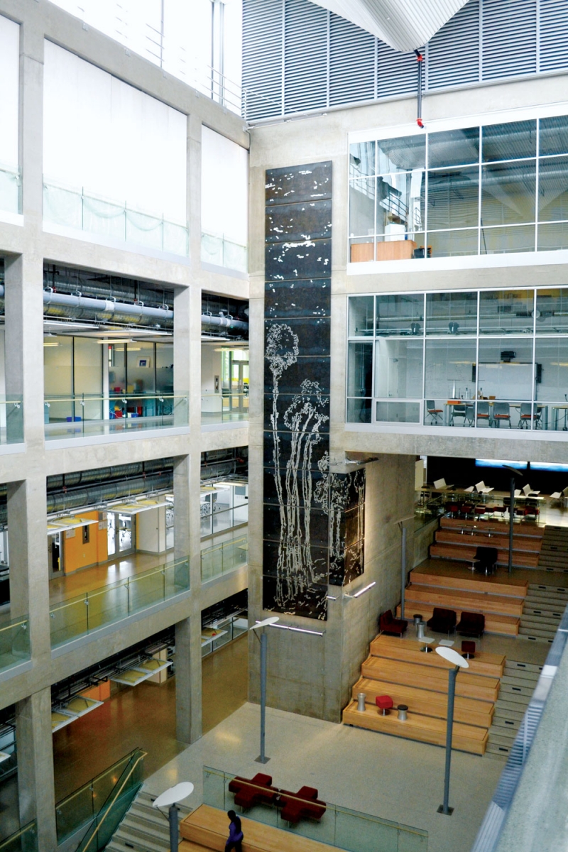 One-way Ticket, 2011, Marjan Eggermont, Silver leaf on gun-blue etched steel. 48' x 16' (15 panels, each 4'x 8’).Located in the Energy Environment Experiential Learning Building, University of Calgary.