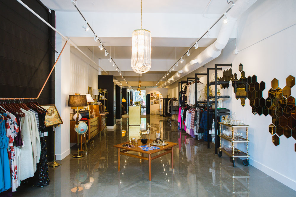 Inside Bamboo Ballroom. Clothing and accessories line the store's perimeter, and vintage items from Bex Vintage can be found throughout the store.